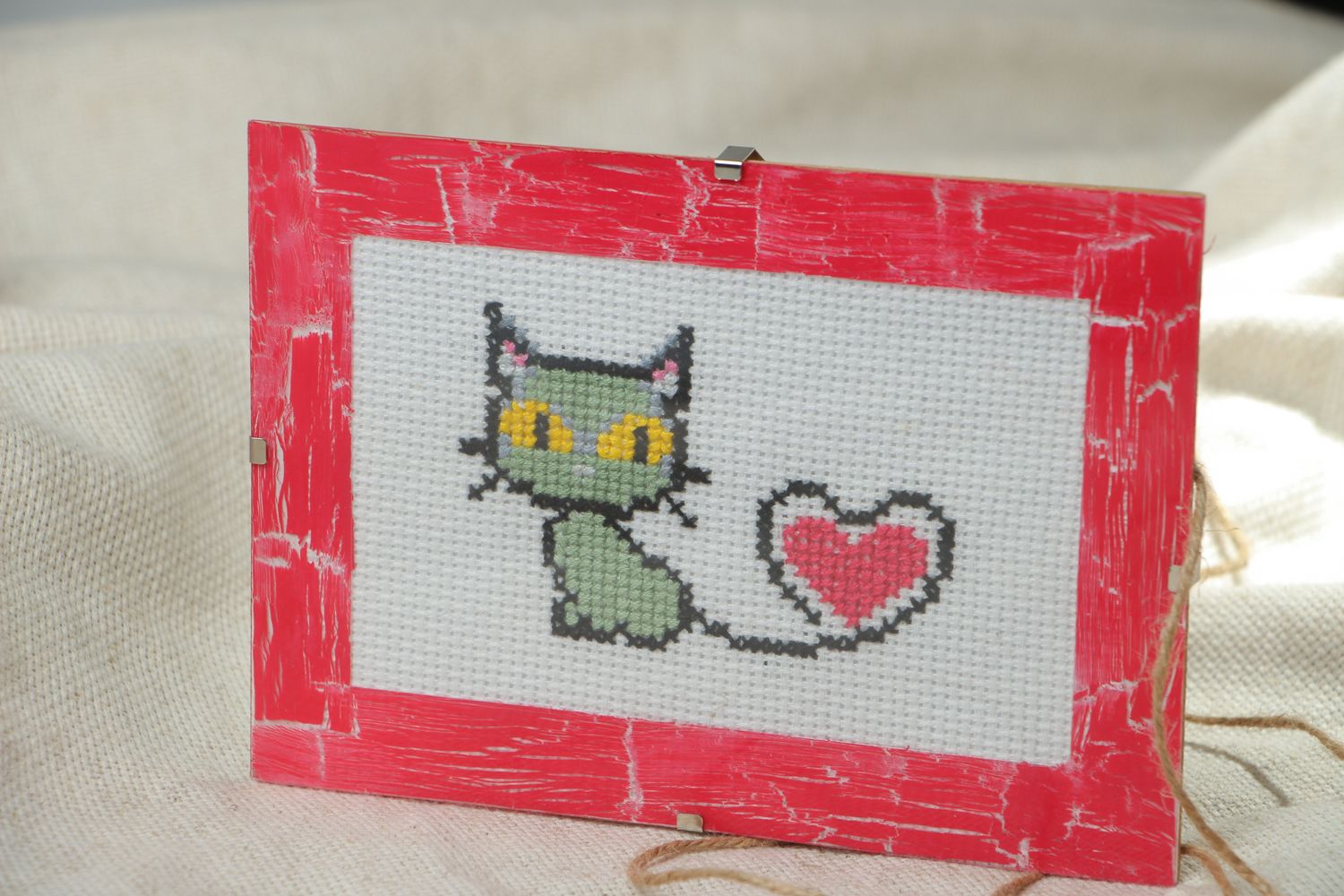 Cross stitched picture with frame Cat photo 5