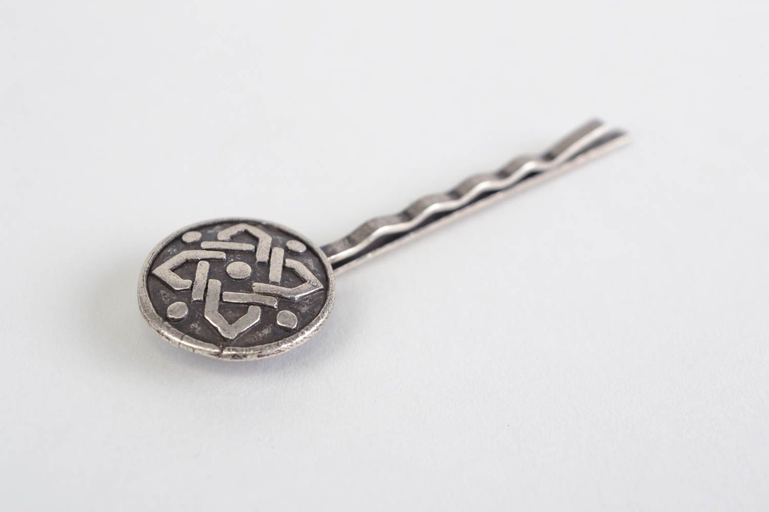 Beautiful homemade metal bobby pin with round decor element photo 1