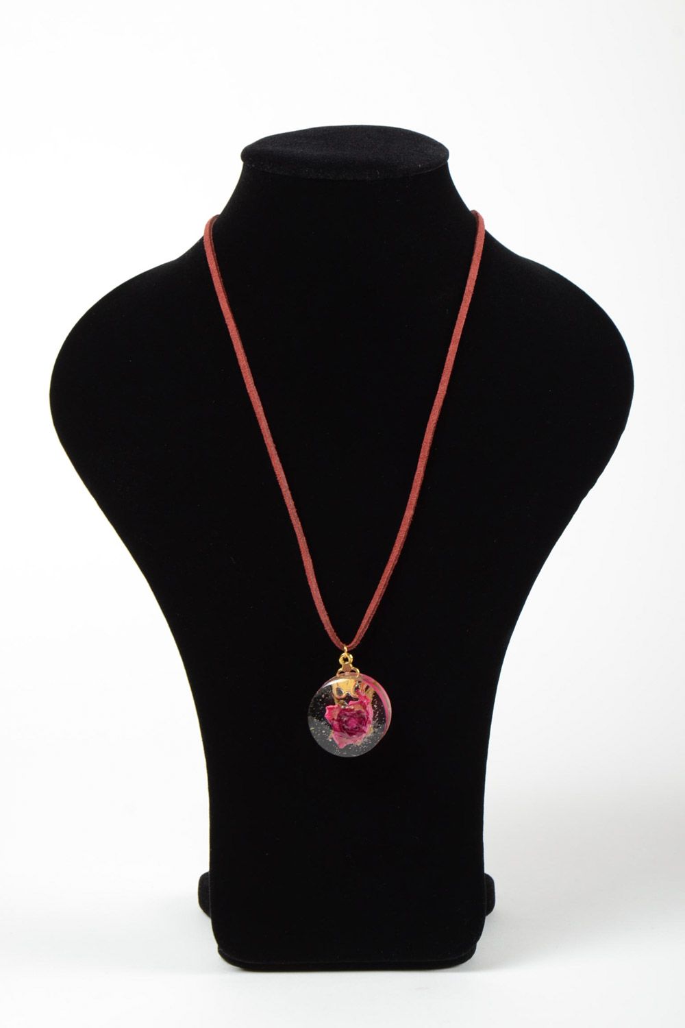 Beautiful handmade pendant on suede cord with real flowers coated with epoxy photo 2