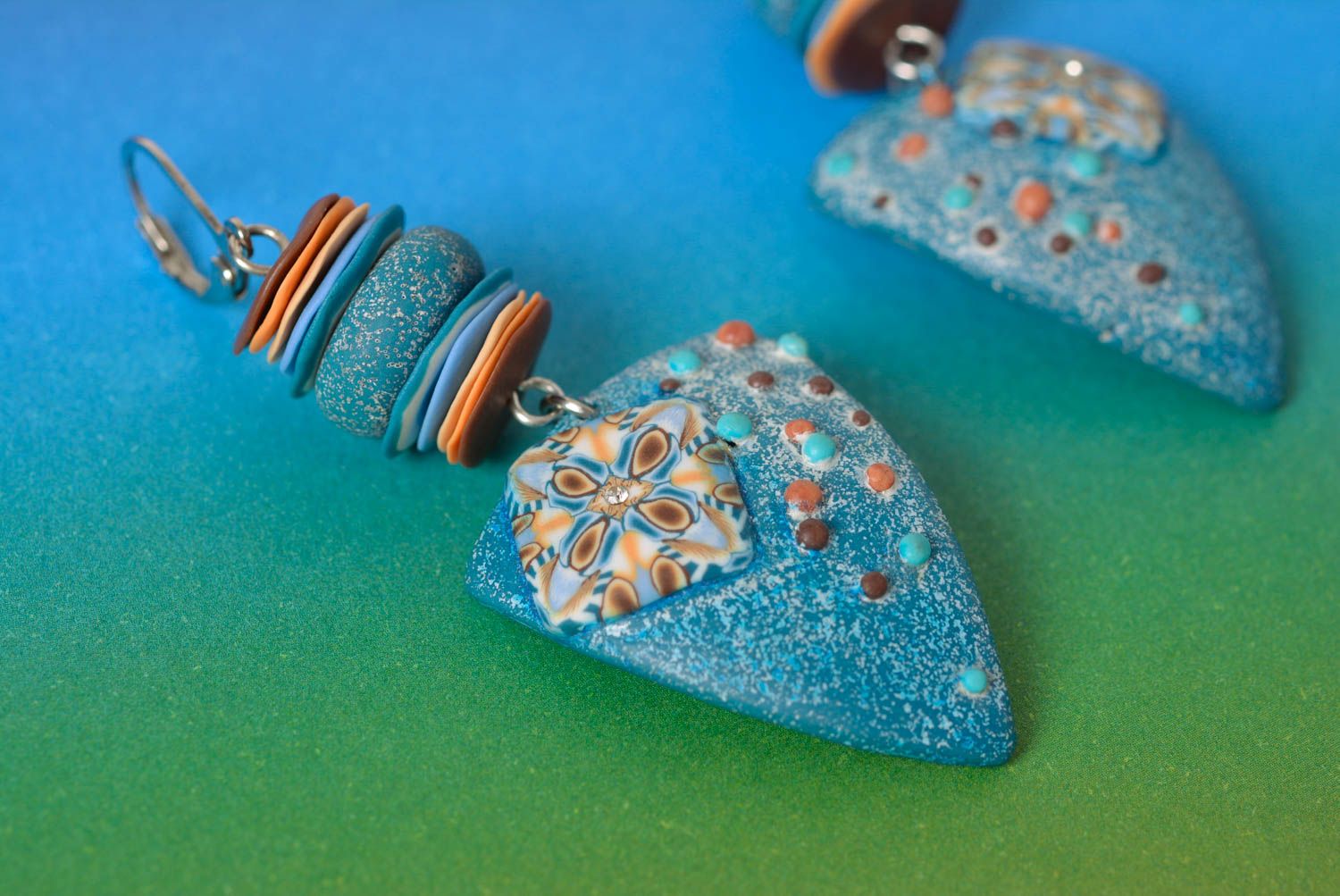 Handmade designer heart shaped blue polymer clay earrings photo 3