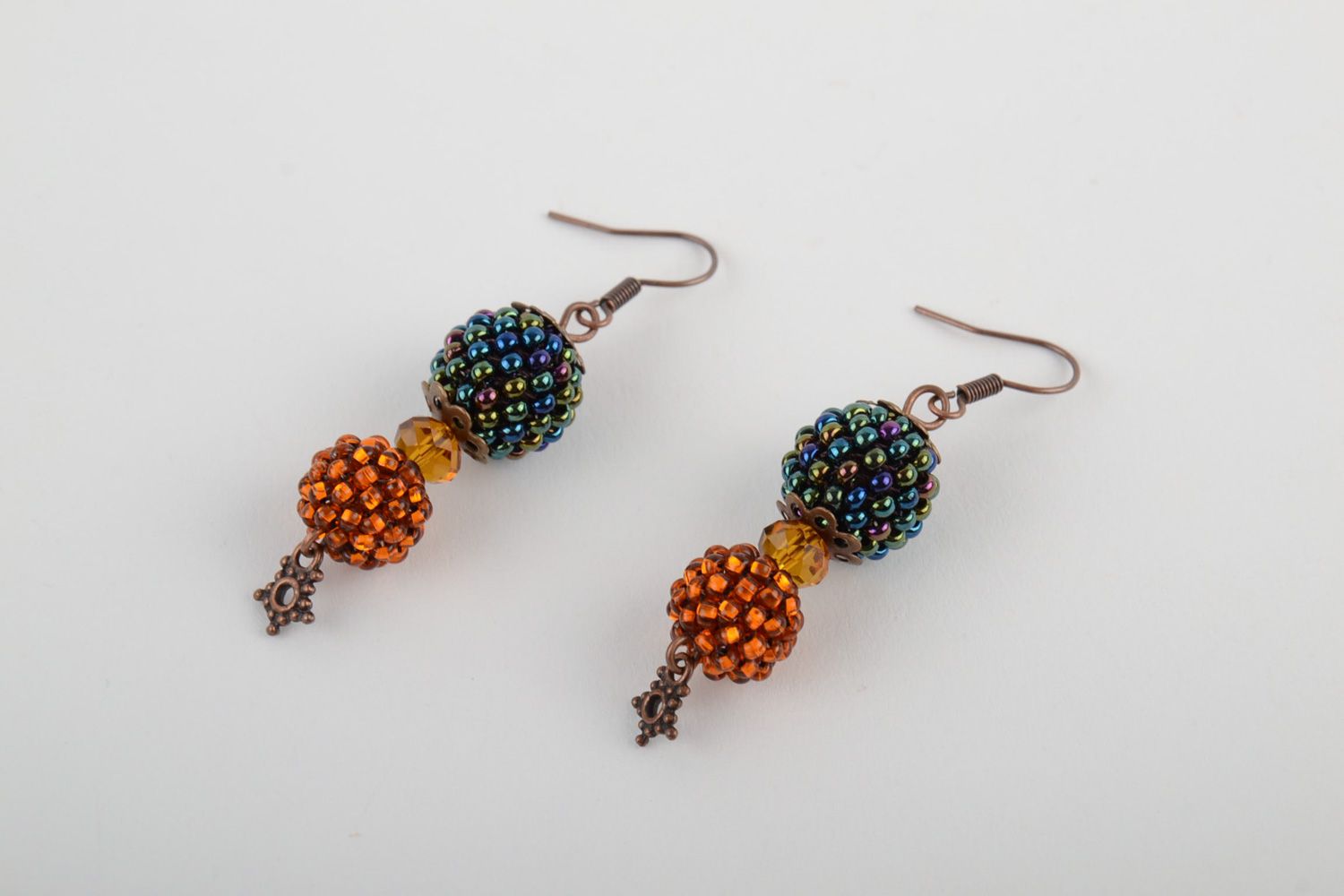 Handmade festive dangle earrings woven of Czech beads with bronze ear wires photo 2