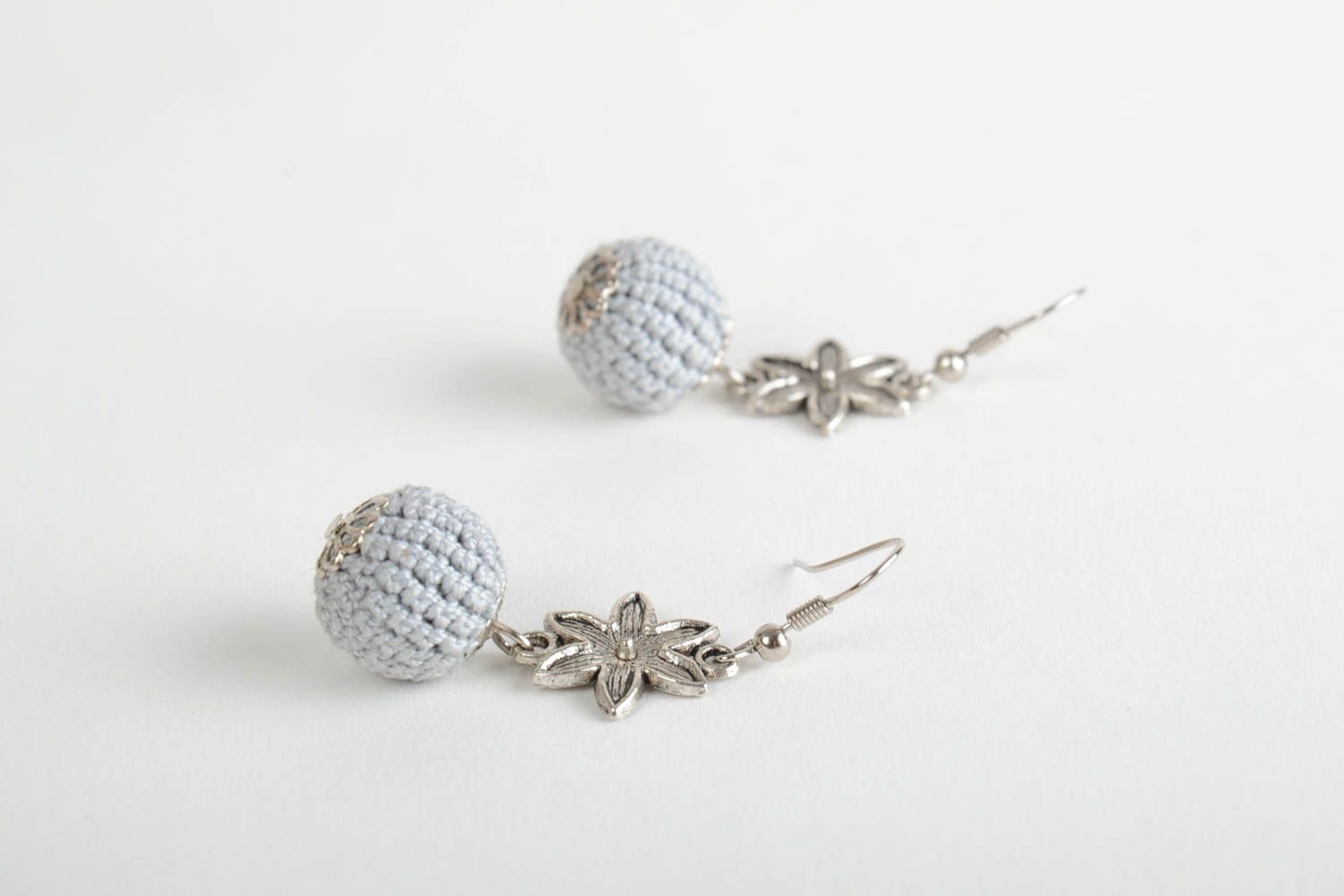 Handmade long designer bead earrings crocheted over with threads photo 3