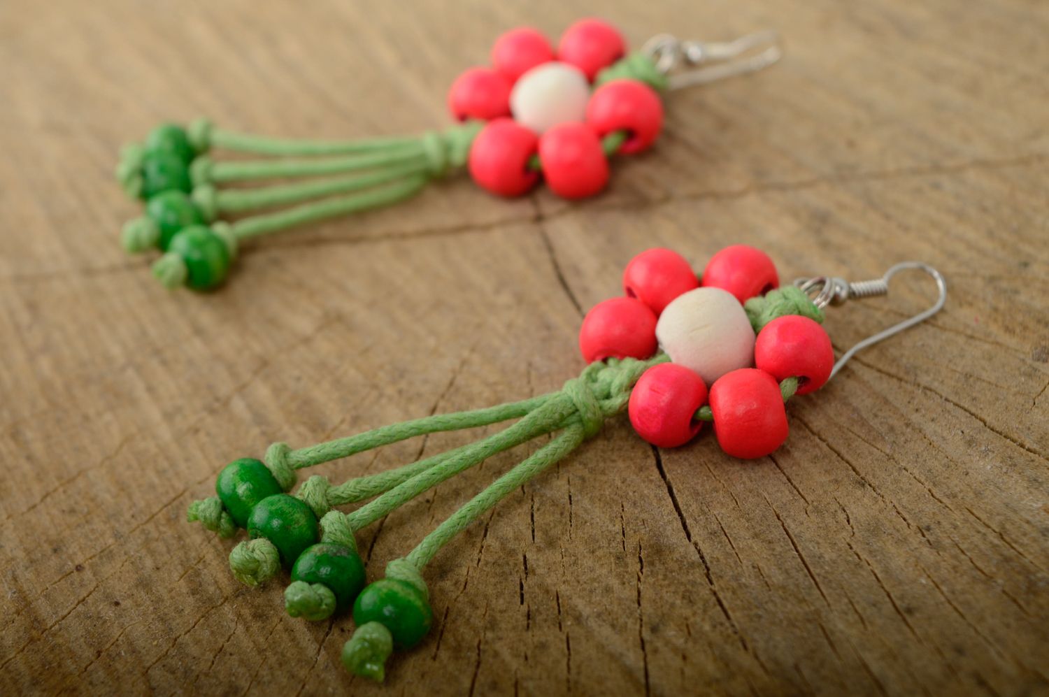 Macrame floral earrings woven of waxed cord and wooden beads photo 1