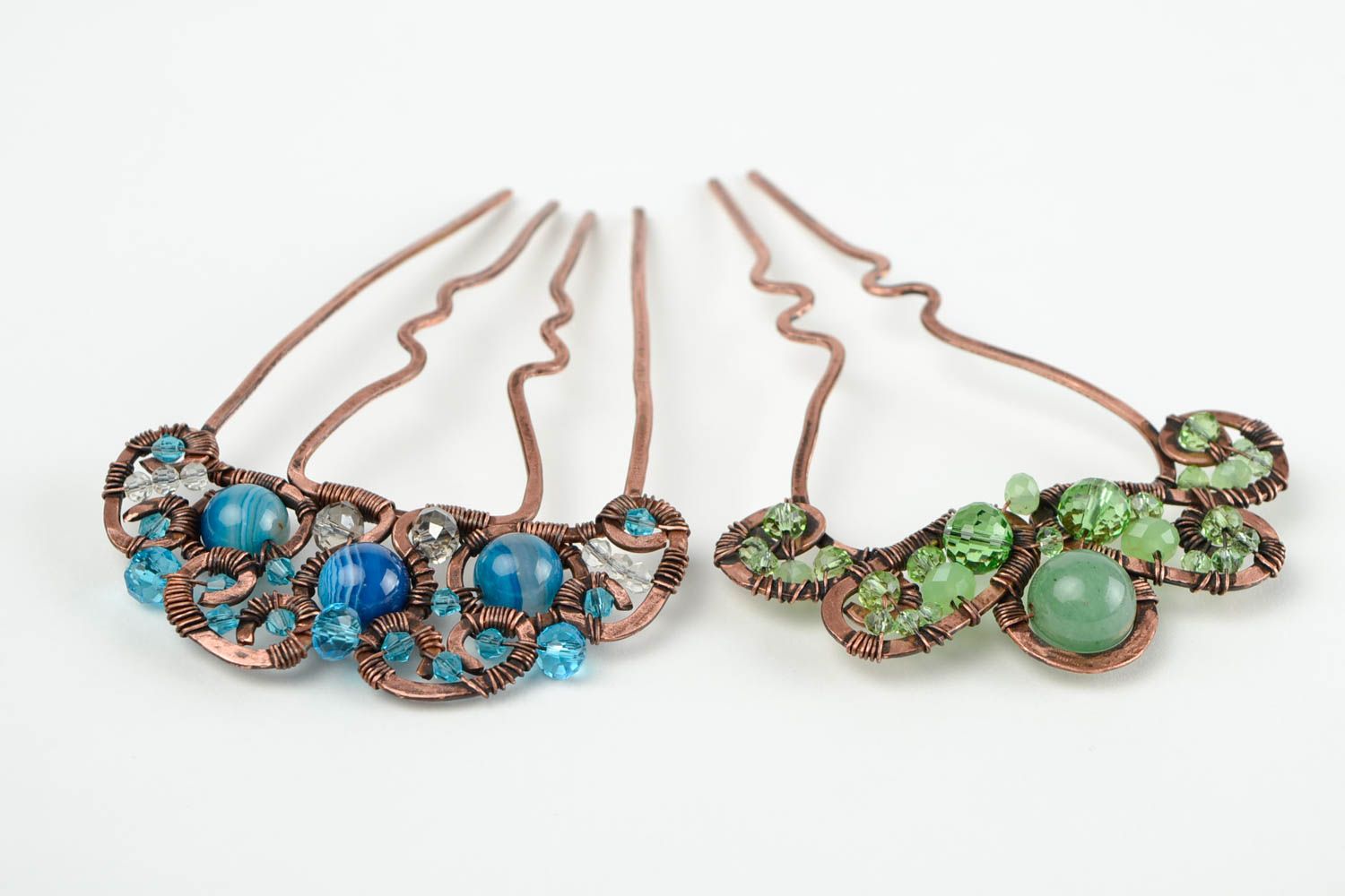 Handmade 2 Haarspangen mit Perlen blau grün Kupfer Schmuck Accessoires für Haare foto 4