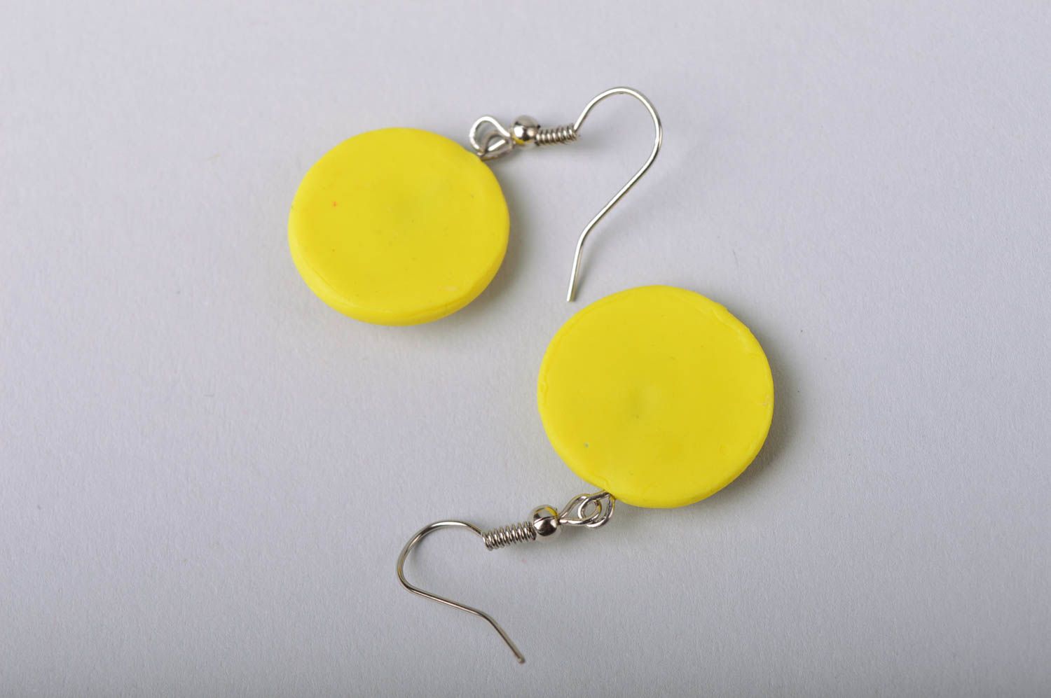 Handmade beautiful round yellow earrings smiles made of cold porcelain photo 5