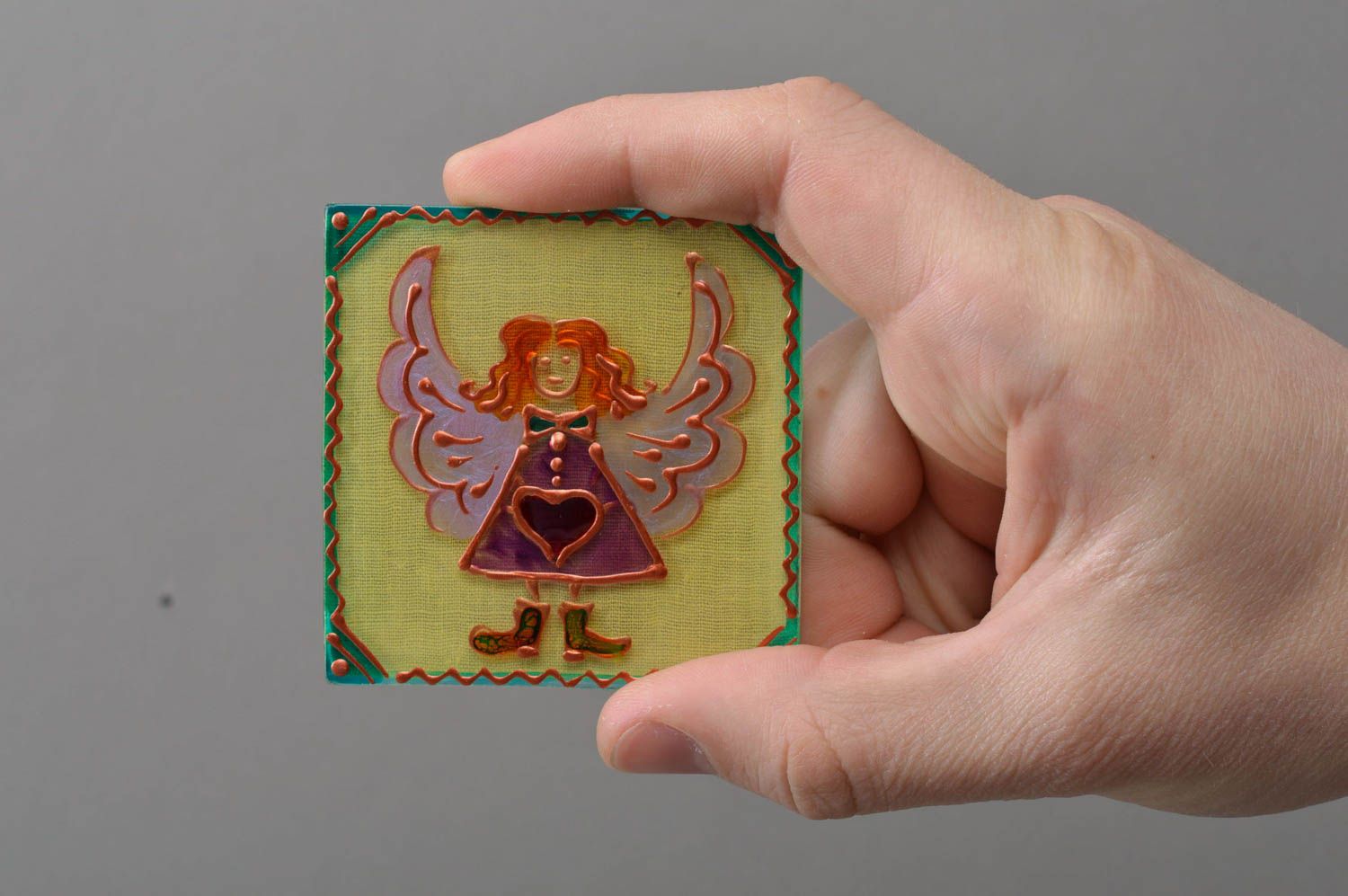Стеклянный магнит на холодильник с росписью ручной работы квадратный Ангел фото 3