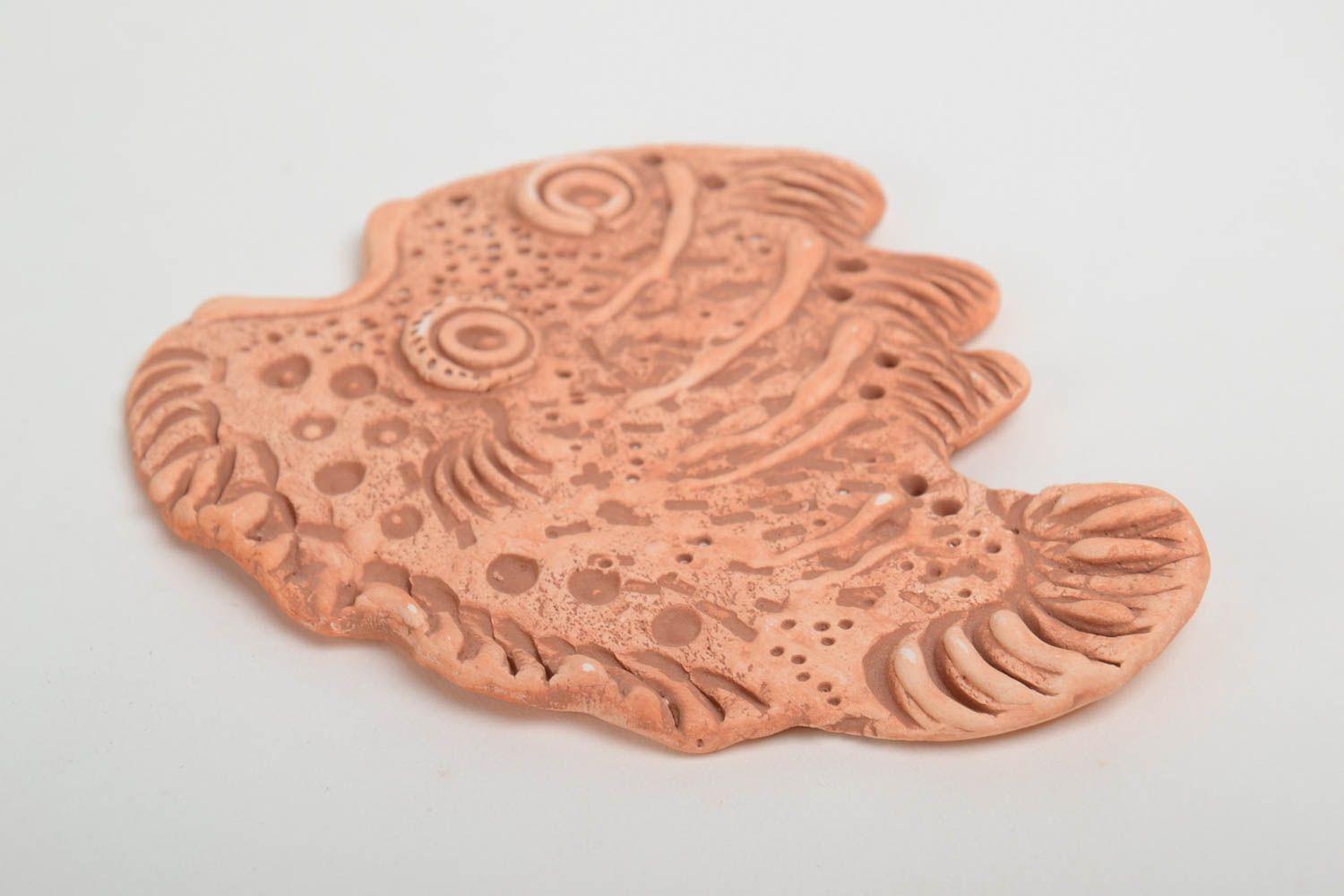 Handmade ceramic designer pendant necklace in the shape of stylized flat fish photo 4
