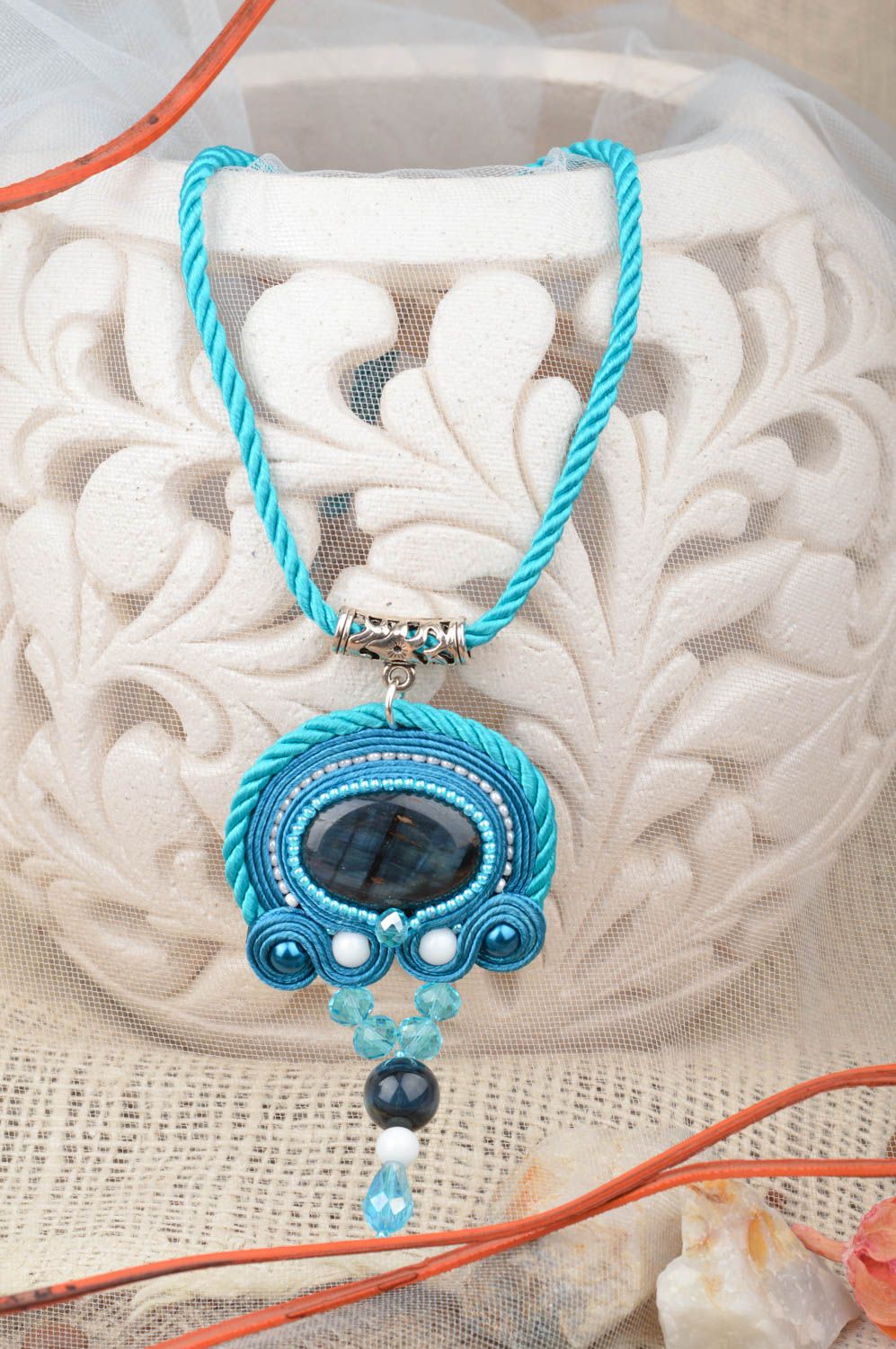 Unusual elegant handmade blue soutache necklace with natural stones photo 1