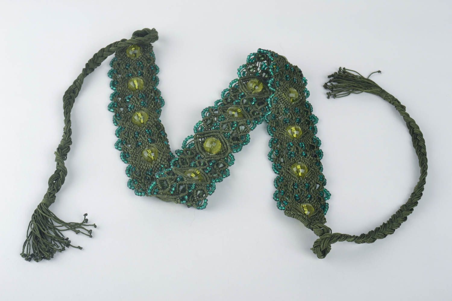 Женский ремень ручной работы плетеный ремень зеленый макраме пояс на завязках фото 5