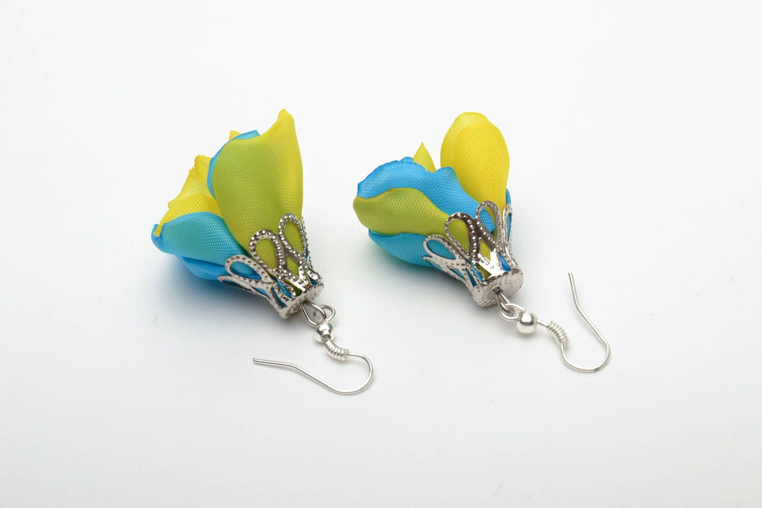 Satin ribbon earrings Yellow and Blue Flowers photo 5
