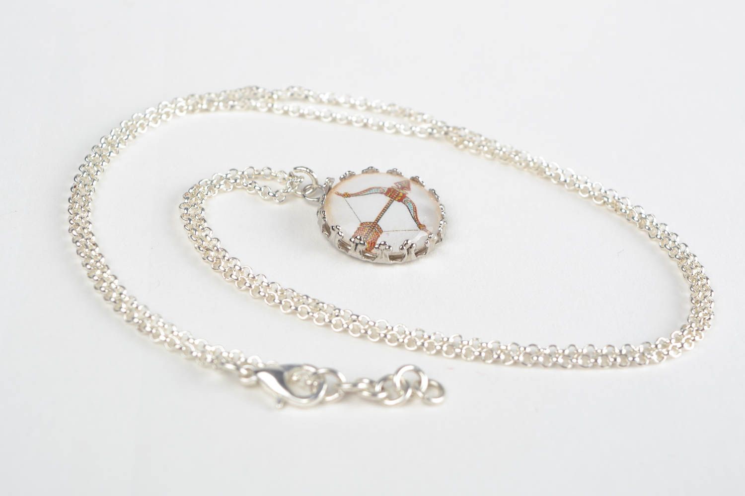 Handmade designer round pendant with glass on long chain Zodiac sign Sagittarius photo 3