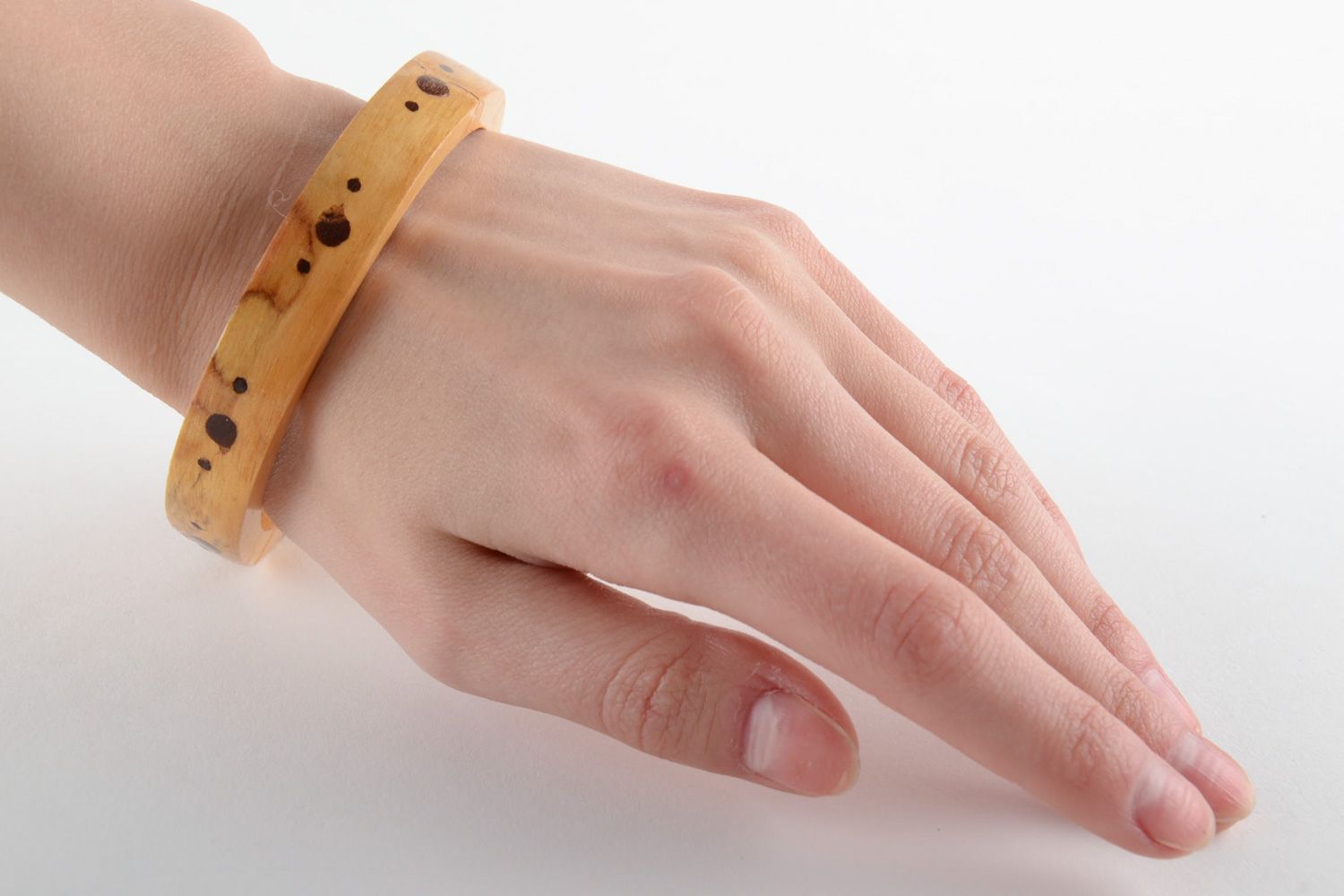 Tender light thin handmade wrist bracelet carved of wood with inlay for women photo 6