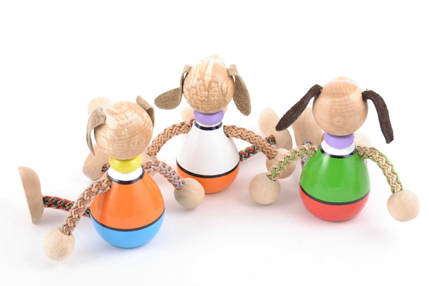 Set of handmade colorful painted wooden eco toys dogs with cord paws for kids  photo 3