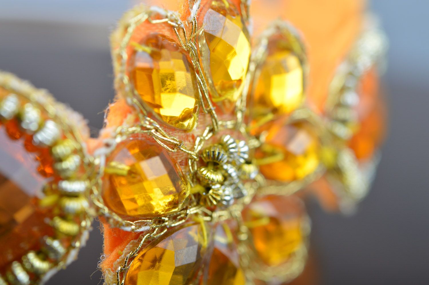 Unusual elegant orange handmade headband with stones and beads on felt basis photo 2