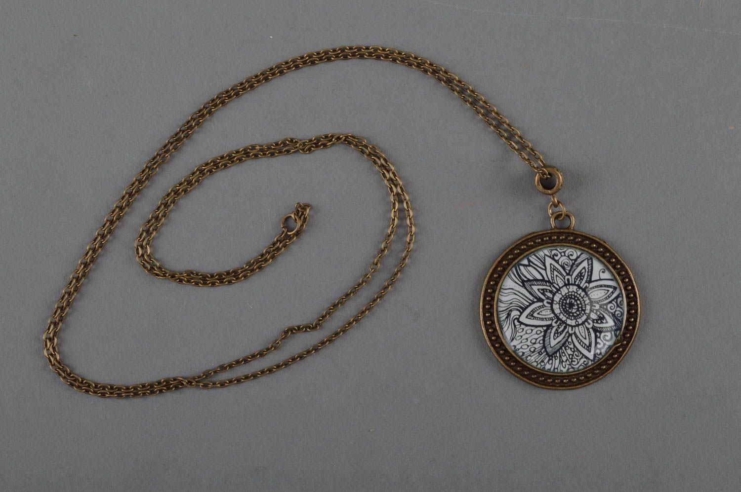 Handmade designer pendant decoupage technique with flower on long chain photo 1