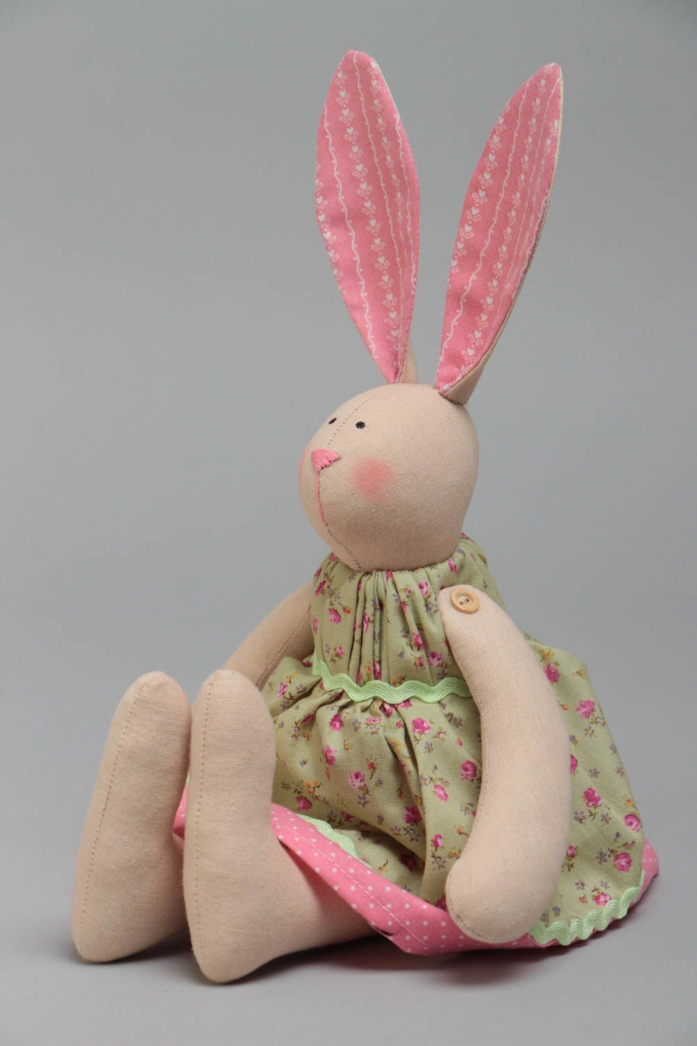 Handmade designer cotton fabric soft toy rabbit in green and pink sun dress  photo 2