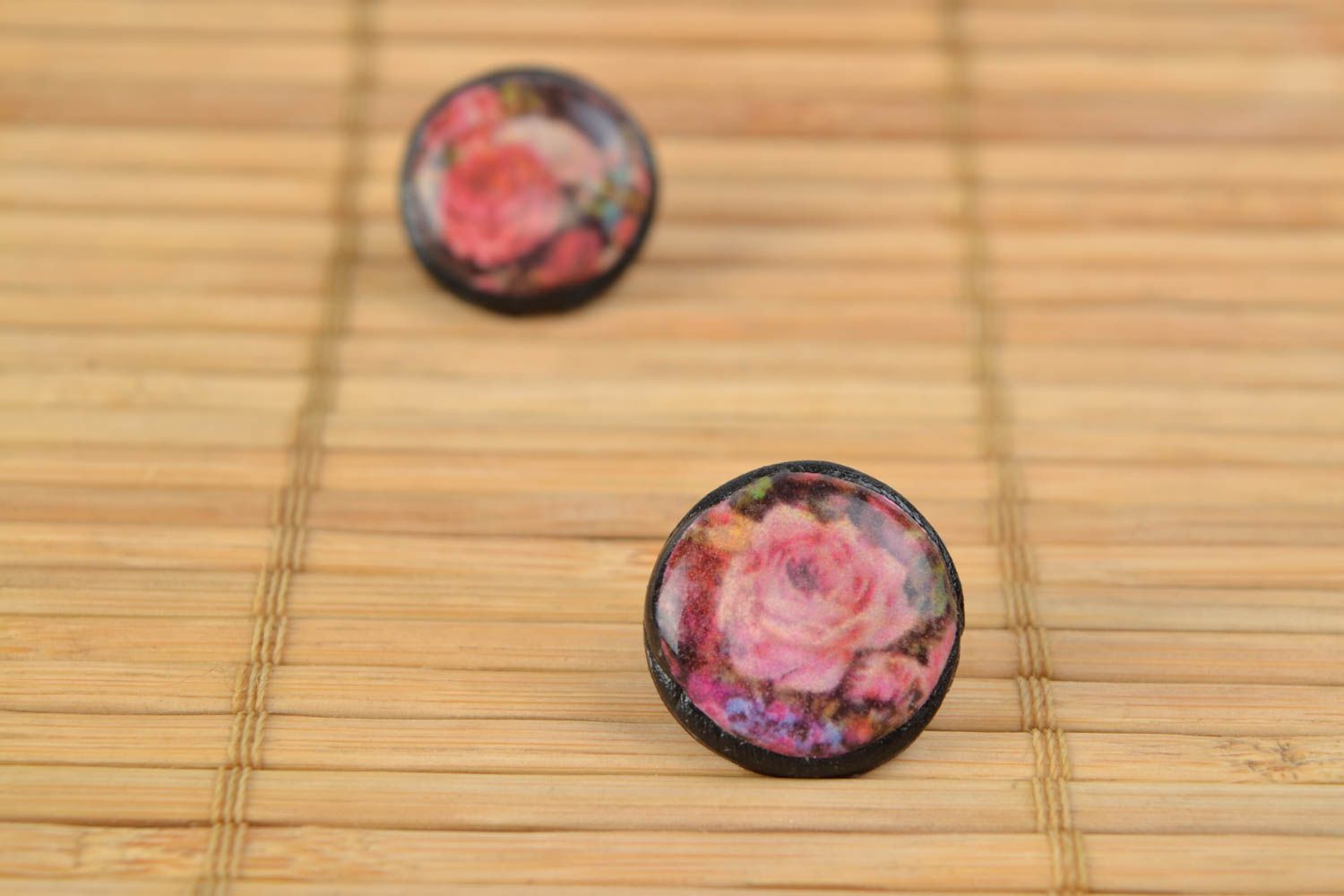 Handmade polymer clay round stud earrings with epoxy covering and decoupage roses photo 5