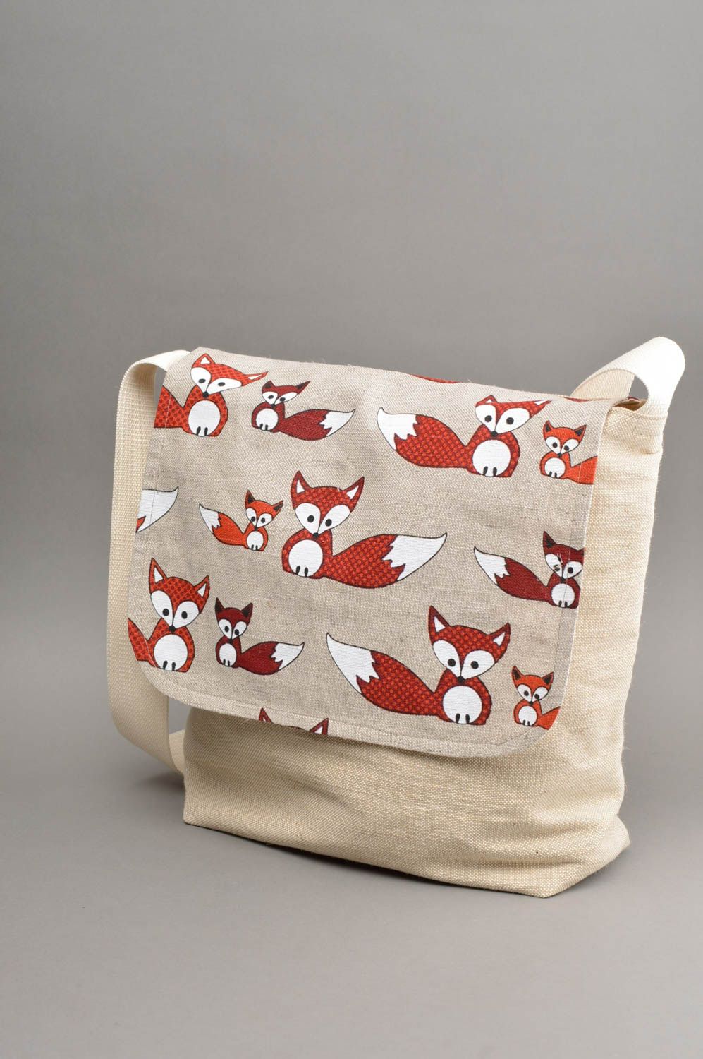 Sac en tissu de lin et coton avec imprimé renards fait main pour femme photo 3