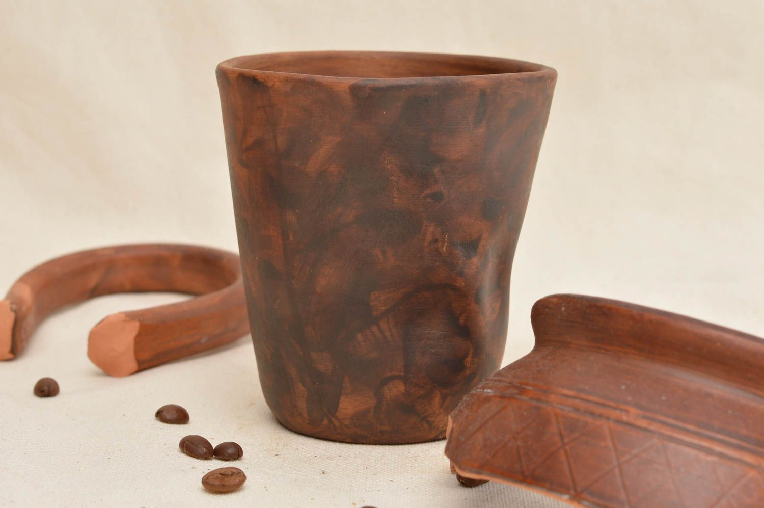 Ceramic cup no handle made of red lead-free clay in brown color photo 1
