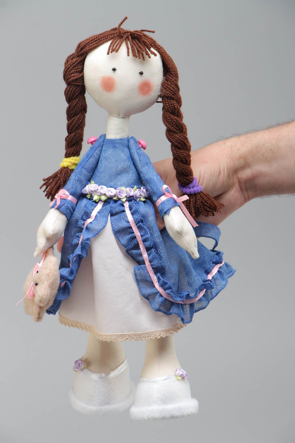 Handmade textile soft stuffed doll made of cotton fabric in blue dress photo 5