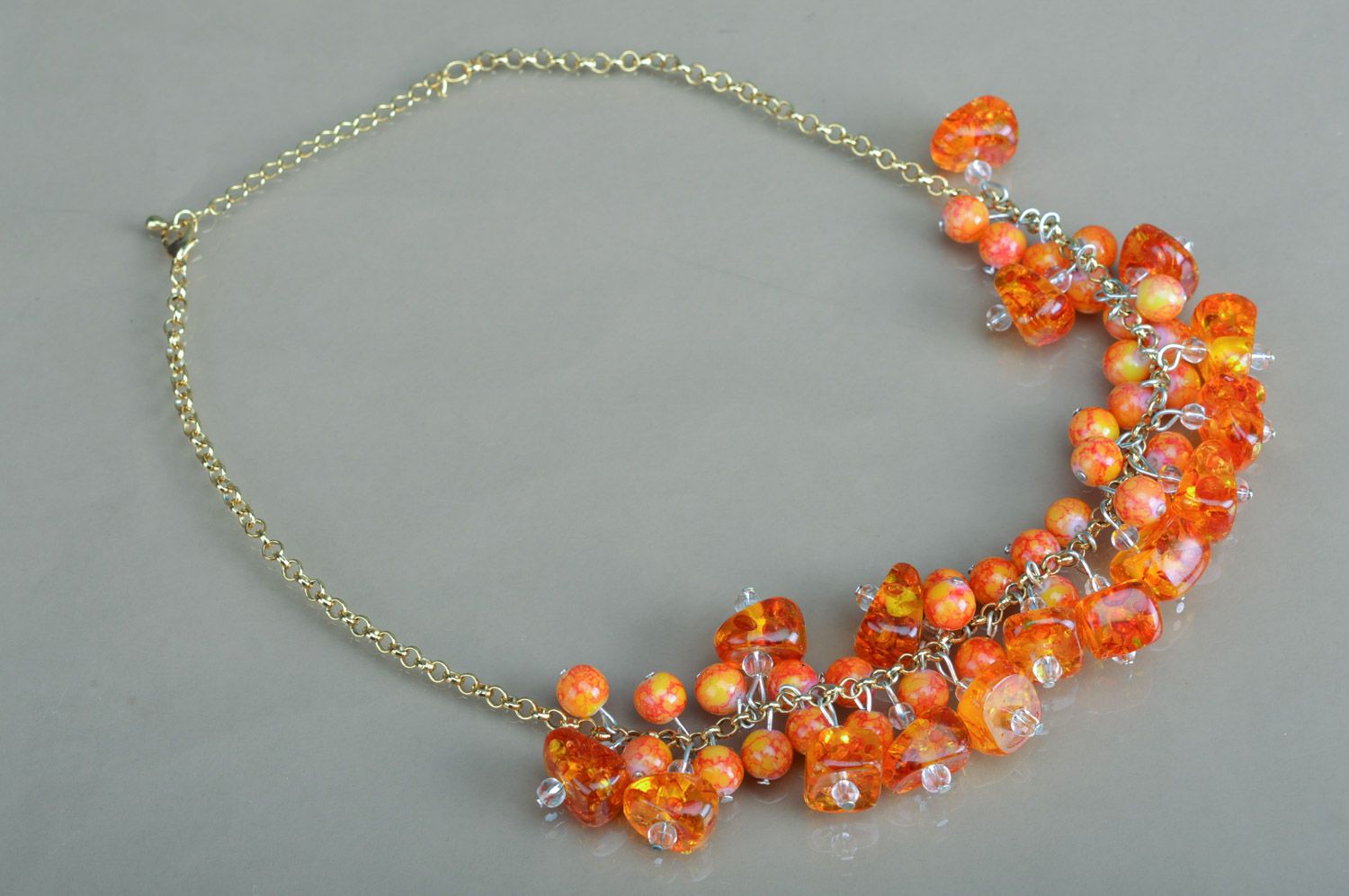 Handmade orange ceramic and citrine bead necklace with long chain photo 2