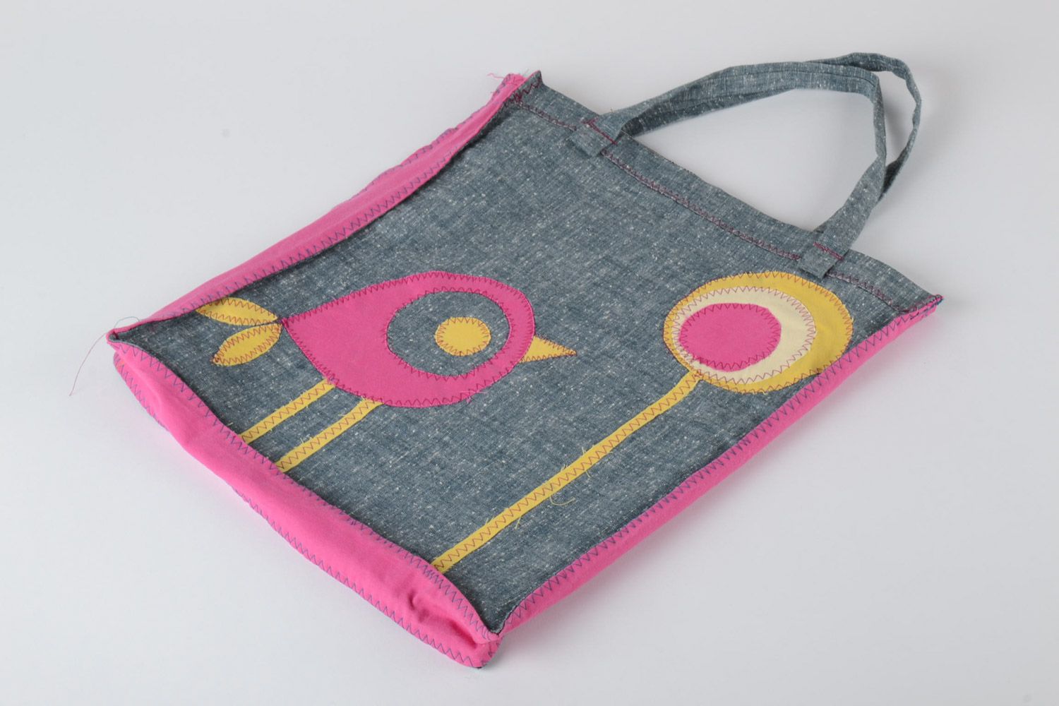 Large gray handmade fabric shoulder bag with applique work for girls Bird photo 2