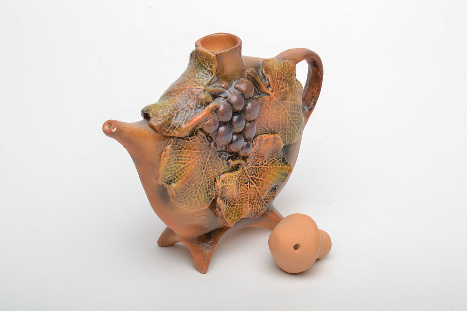 Clay teapot with grape clusters photo 4