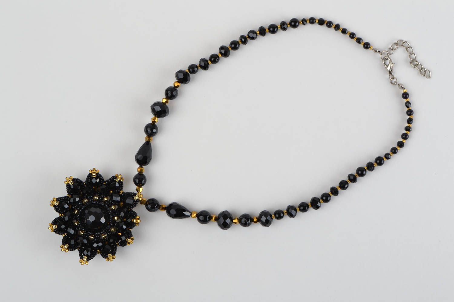 Black handmade unusual elegant necklace made of seed beads and natural stone photo 5