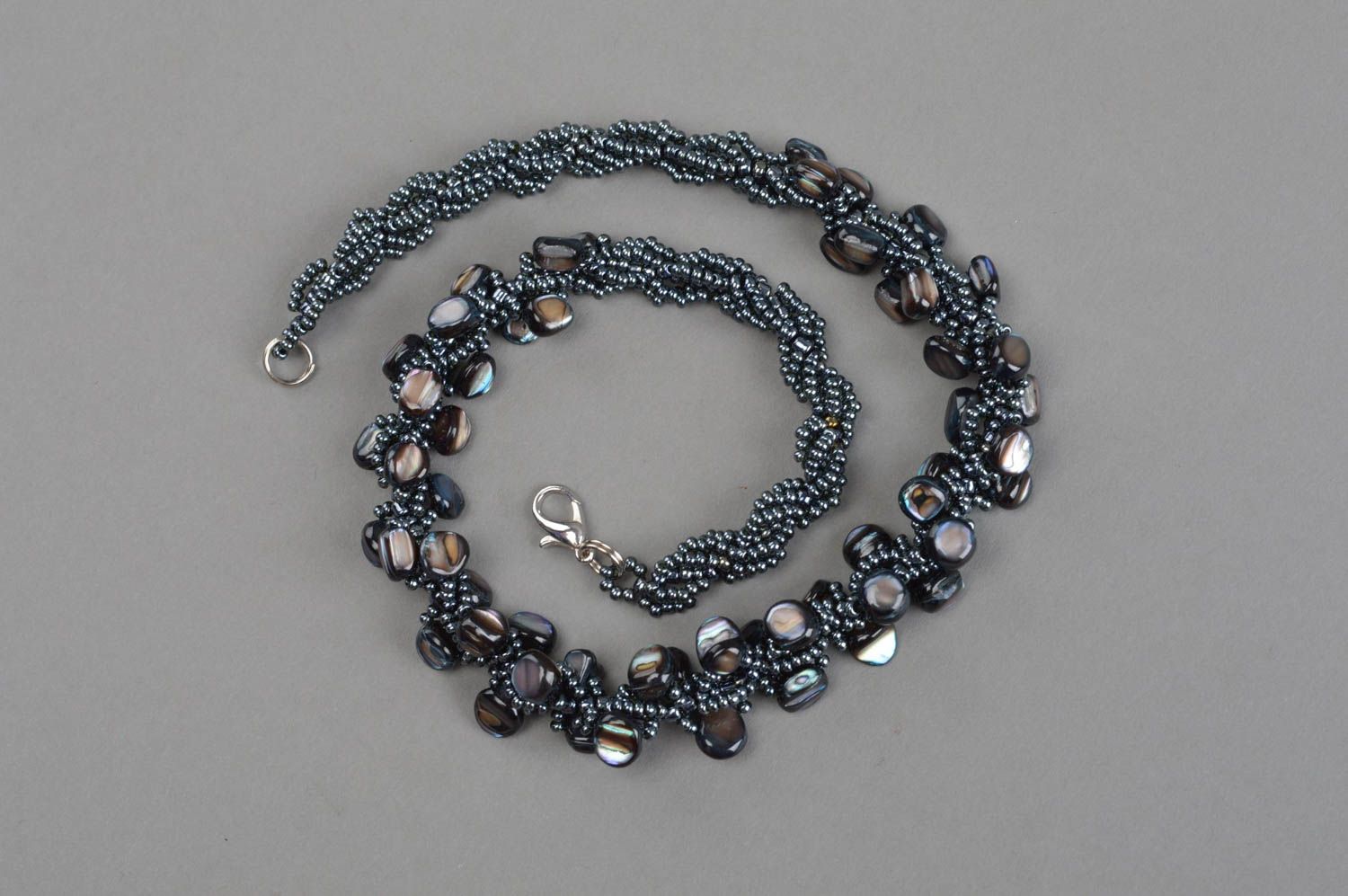 Beautiful black handmade designer beaded necklace with nacre evening jewelry photo 2