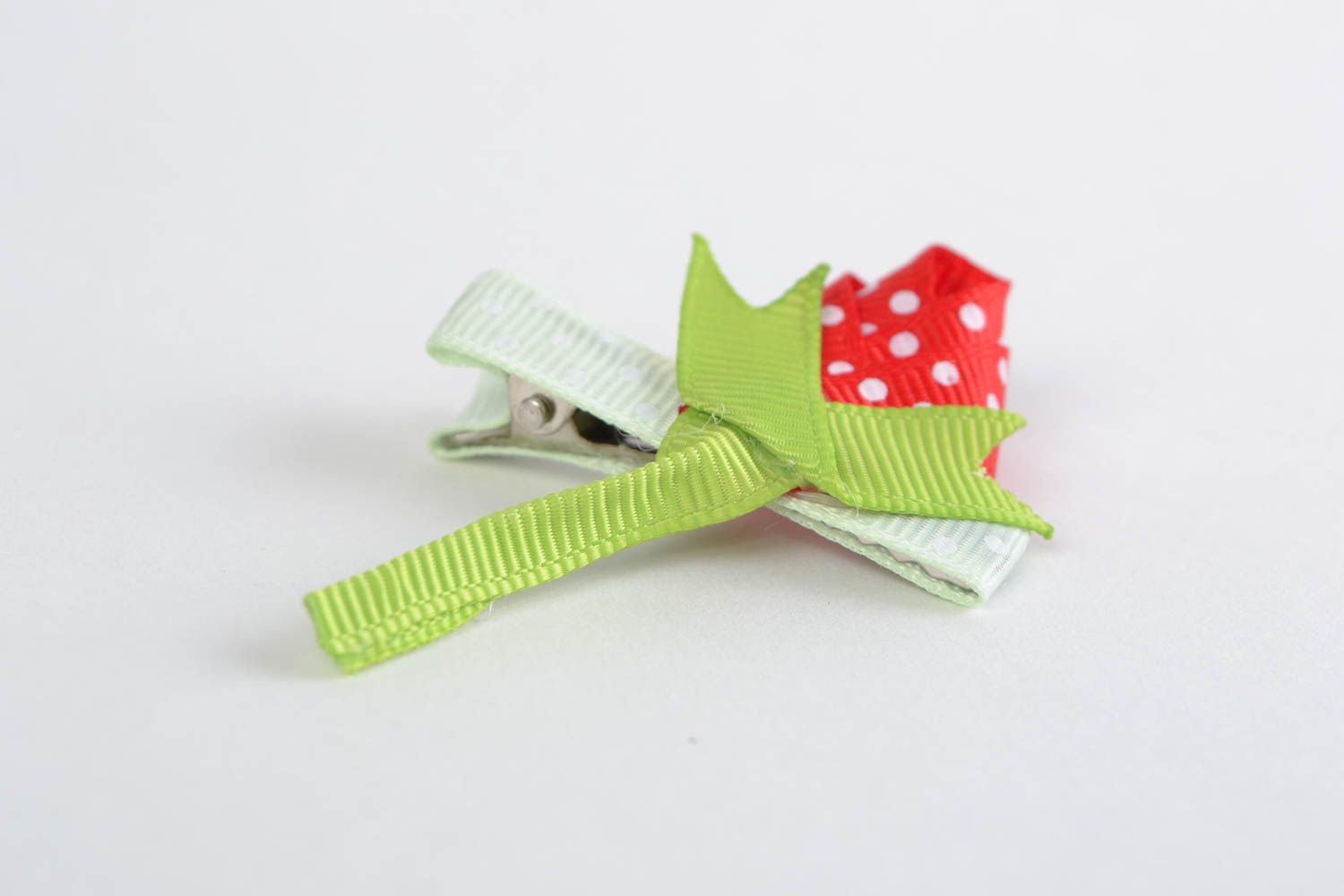Hair clip made of rep ribbons handmade beautiful designer barrette Red Rose photo 3