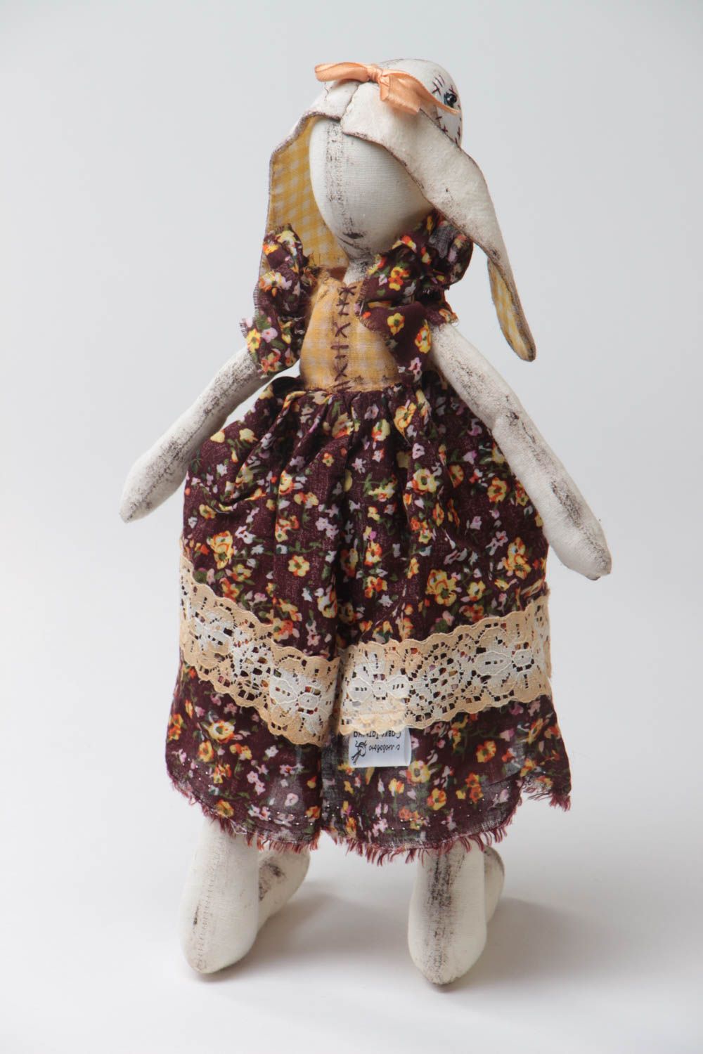 Handmade designer fabric soft toy rabbit girl in vintage style for interior photo 4