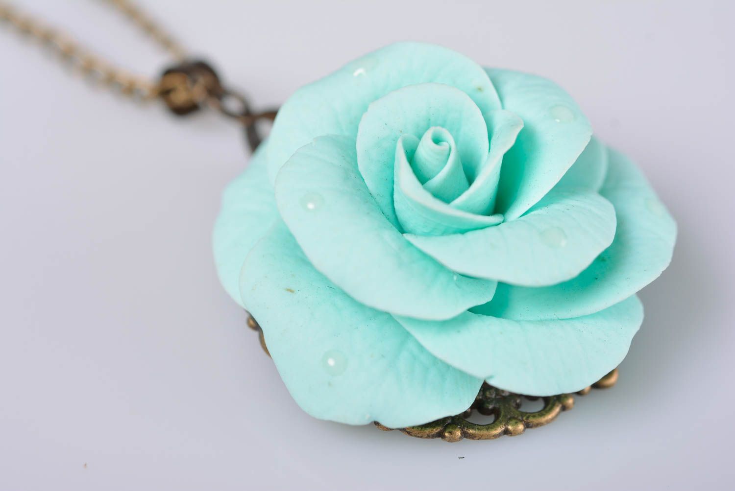 Elegant handmade designer blue polymer clay flower pendant on long chain Rose photo 5