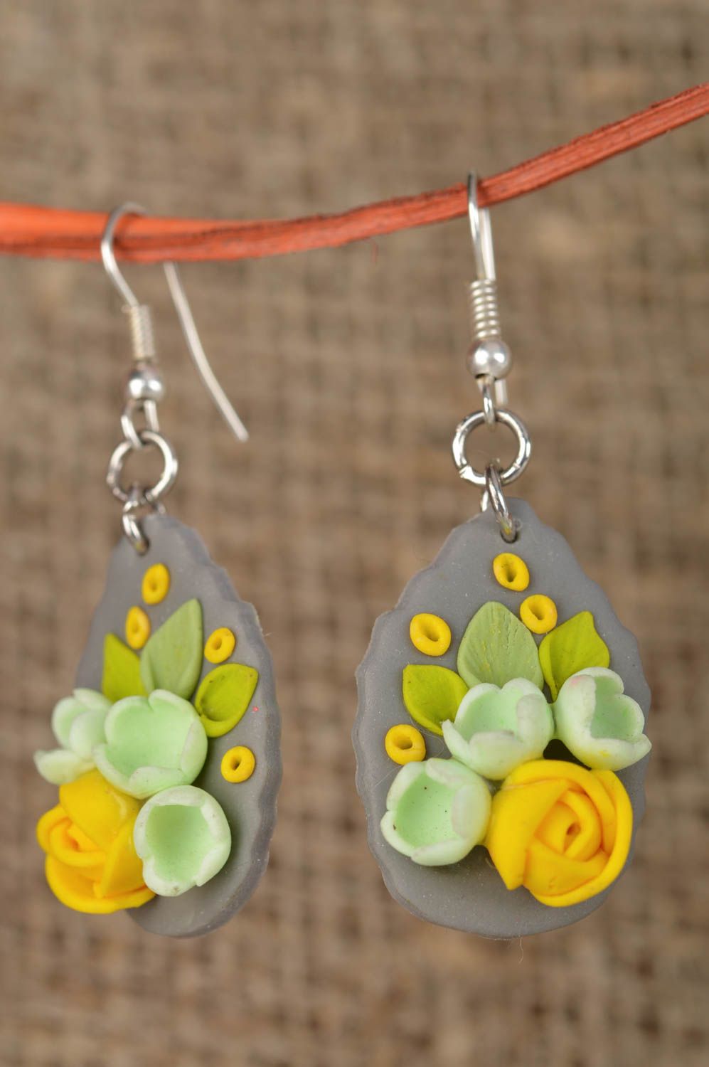 Polymer clay handmade designer earrings gray with yellow roses summer jewelry photo 1