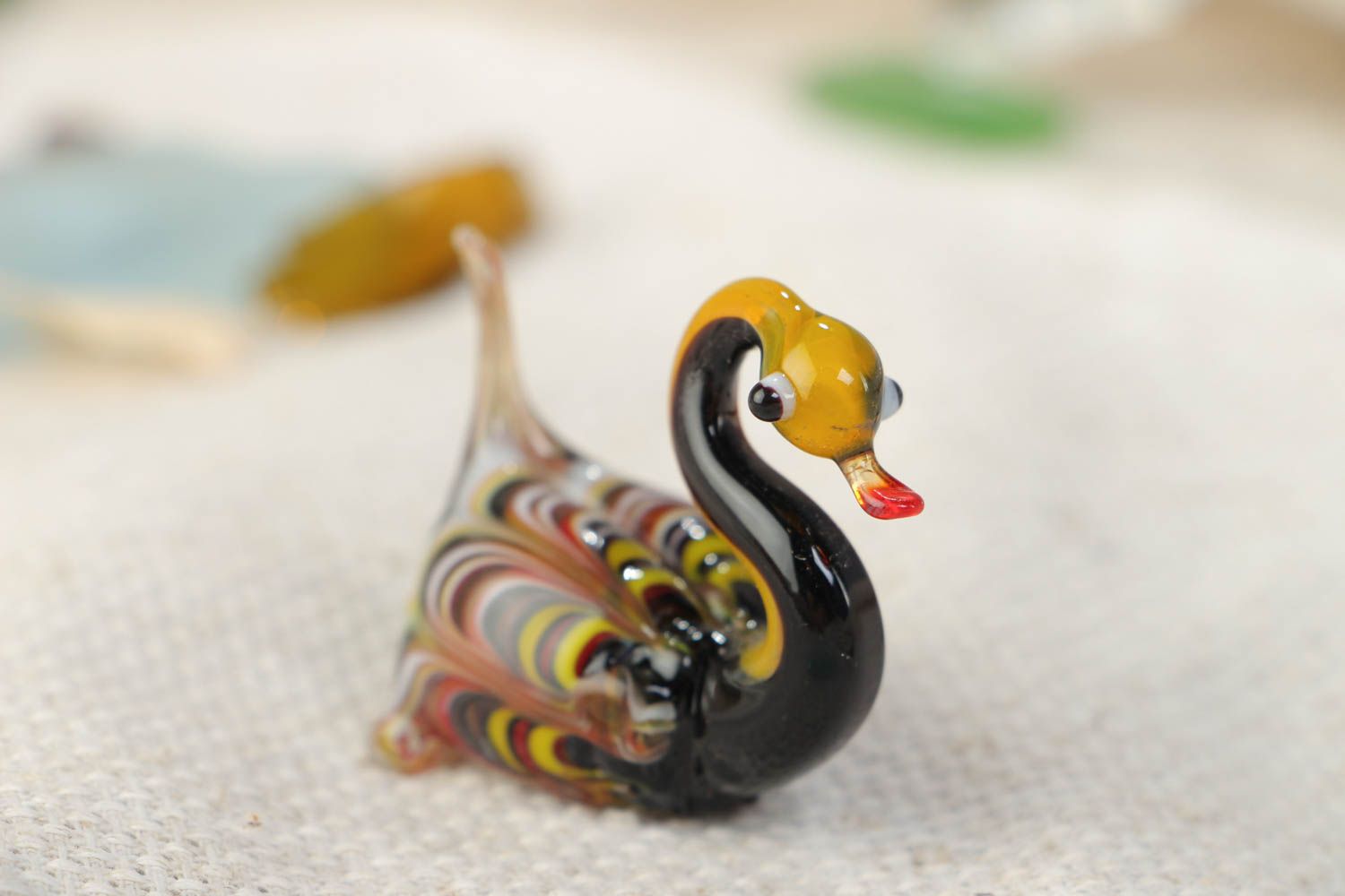 Handmade collectible lampwork glass miniature animal figurine of colorful swan photo 1