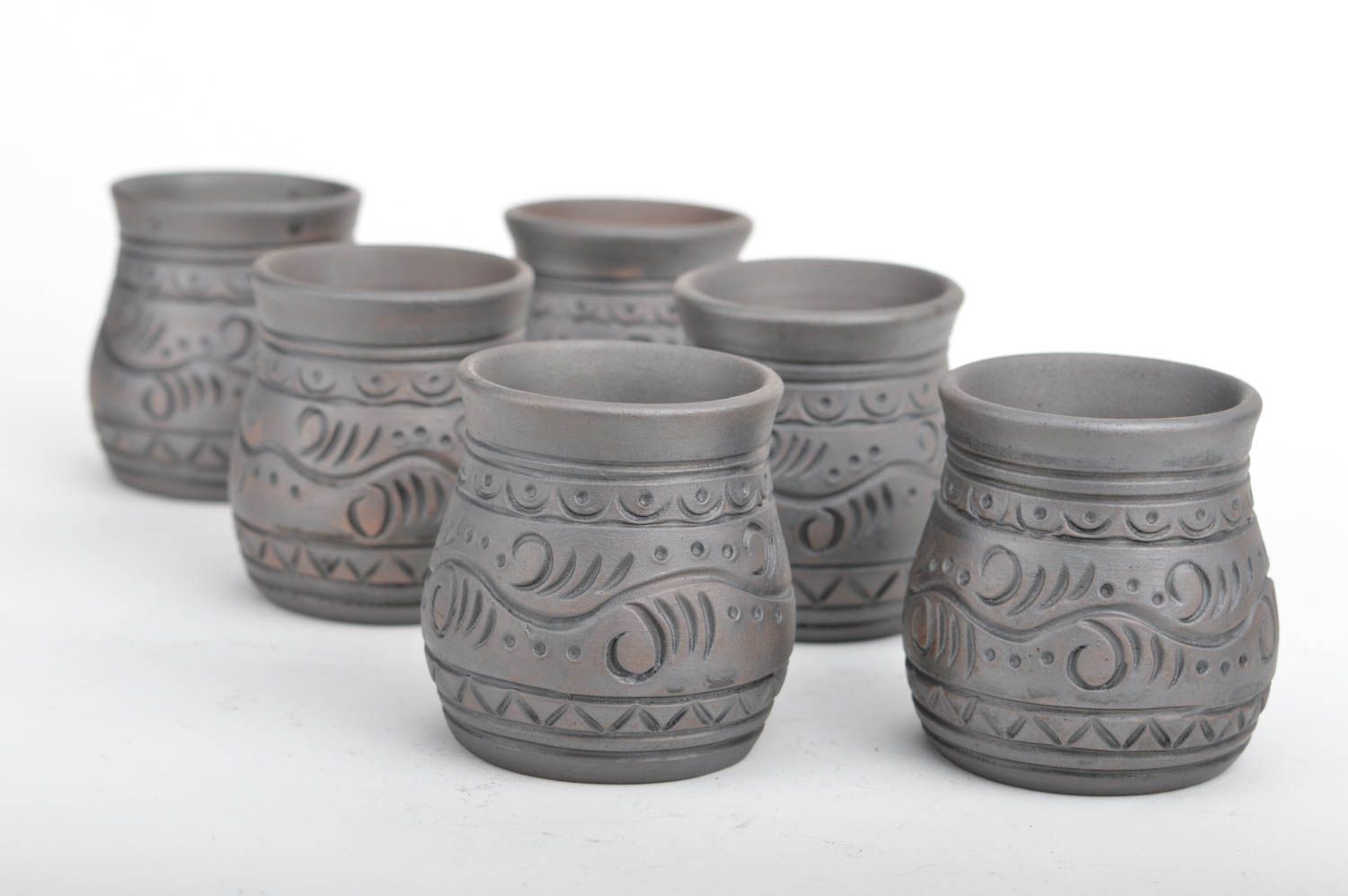 Set of 6 handmade decorative small ceramic ornamented ethnic shot glasses photo 5