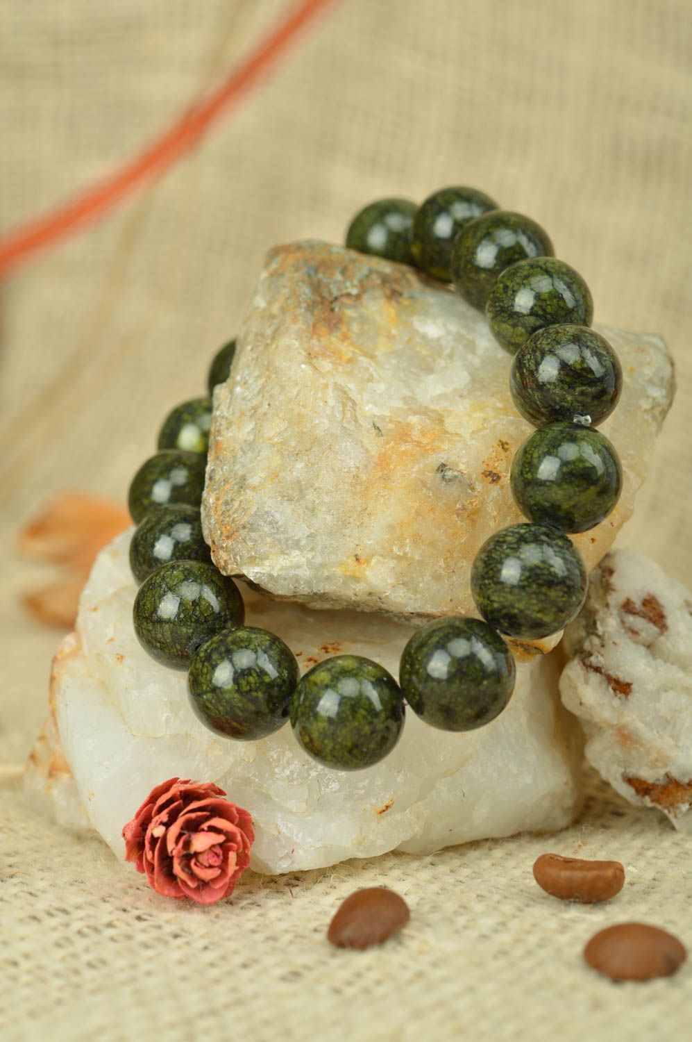 Designer handmade wrist women's bracelet with beads of moss green color photo 1