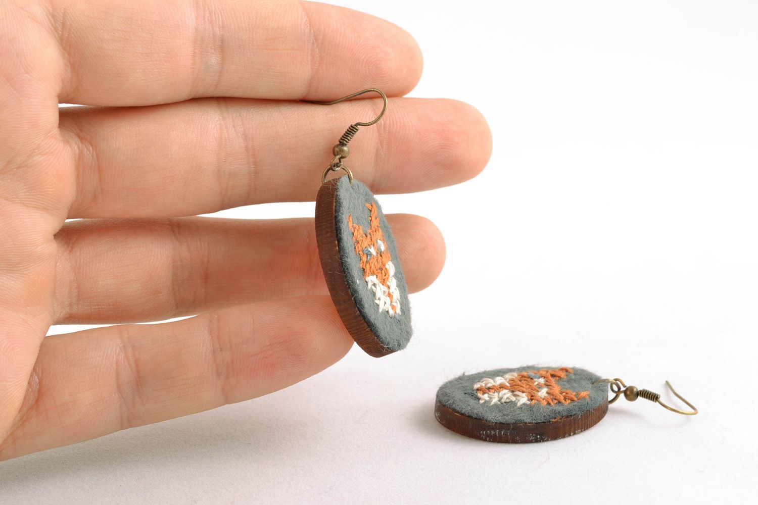 Handmade oval earrings with satin stitch embroidery photo 2