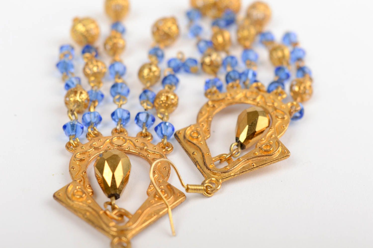 Handmade blue and golden long dangle earrings with Czech crystal in Orient style photo 3