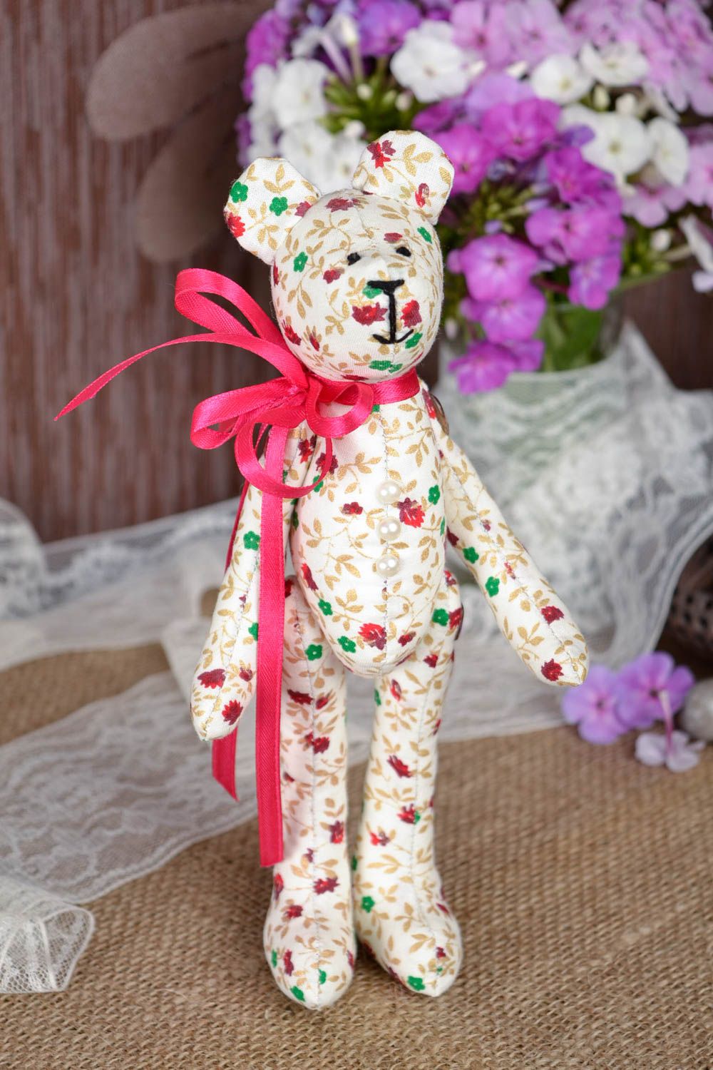 Peluche ours Jouet enfant fait main en coton blanc motif floral Cadeau original photo 1