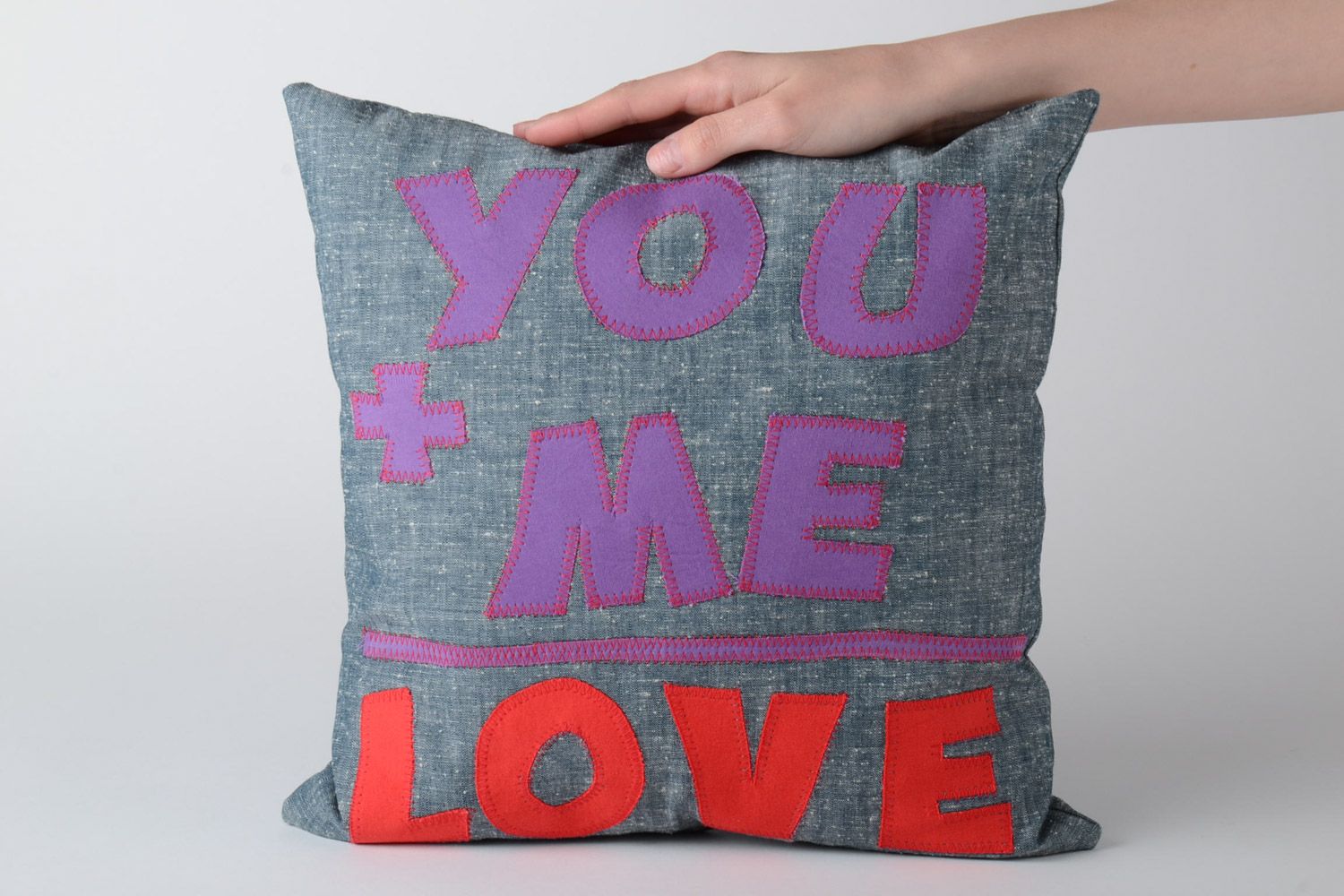 Soft handmade fabric sofa cushion with removable pillowcase and applique Love photo 5