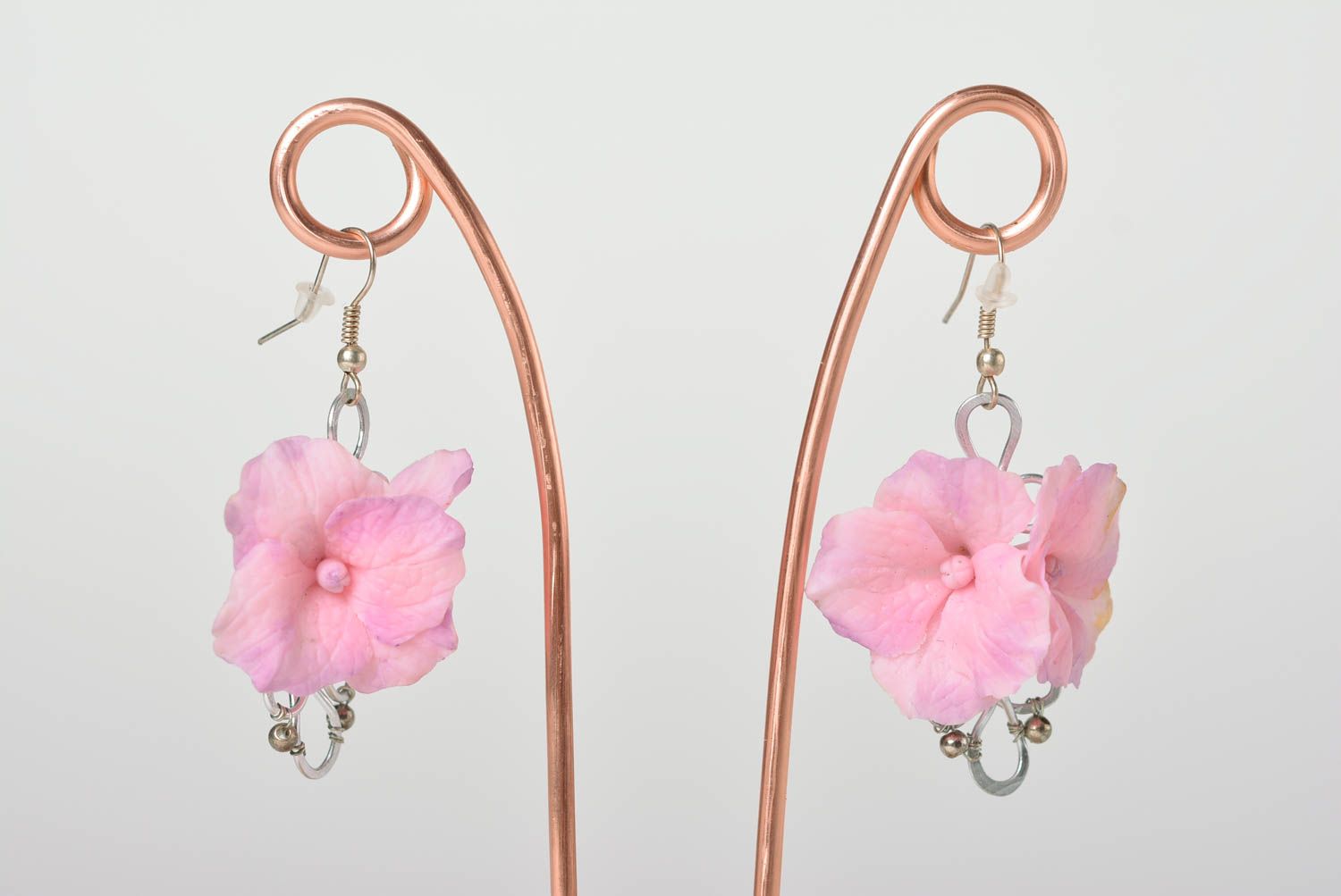 Beautiful handmade designer volume pink plastic flower earrings molded photo 1