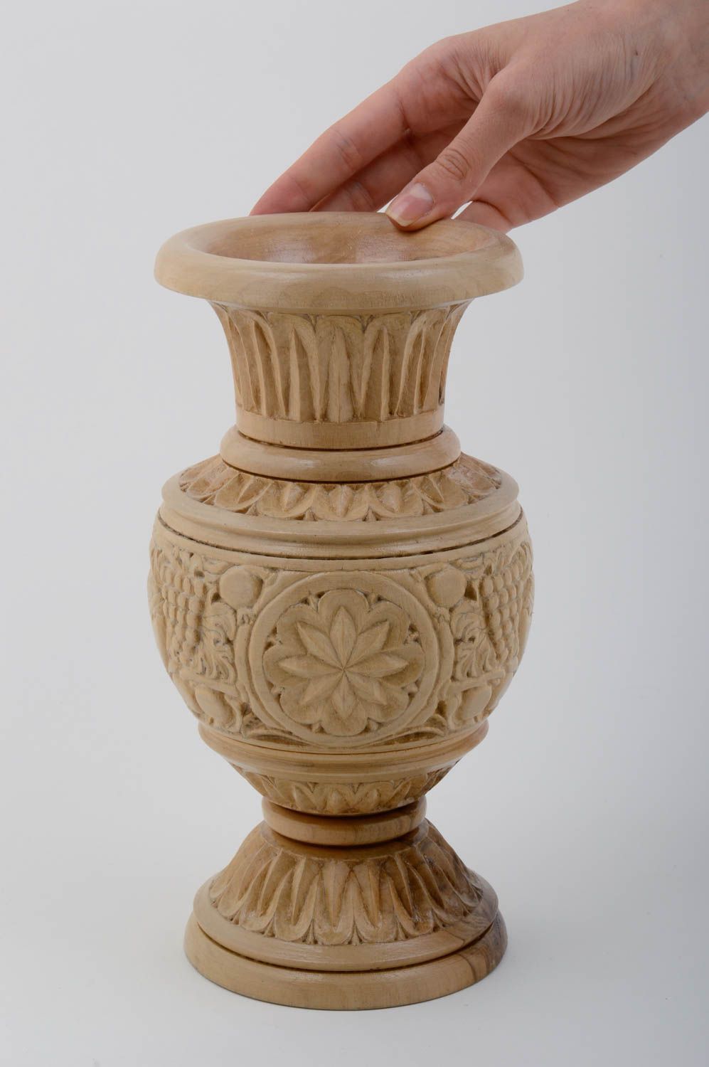 Vase bois clair fait main Déco maison sculptée ornementée Cadeau original photo 5