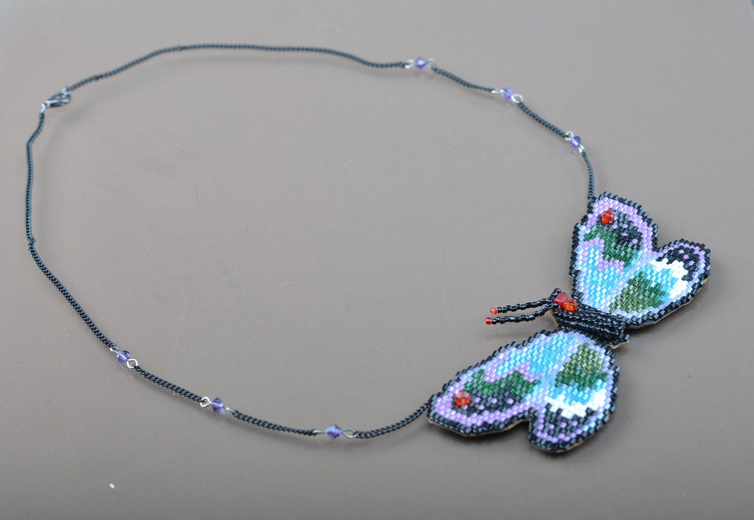Handmade long elegant beaded neck pendant Blue Butterfly on long chain for women photo 1
