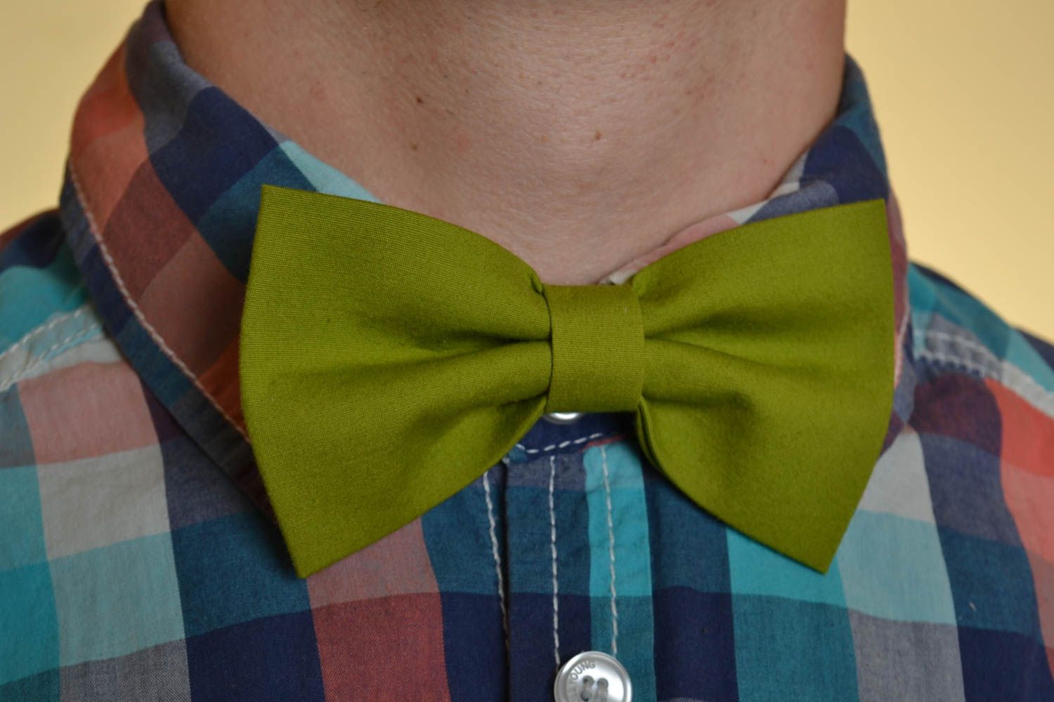 Beautiful handmade designer textile bow tie of lime color unisex photo 1