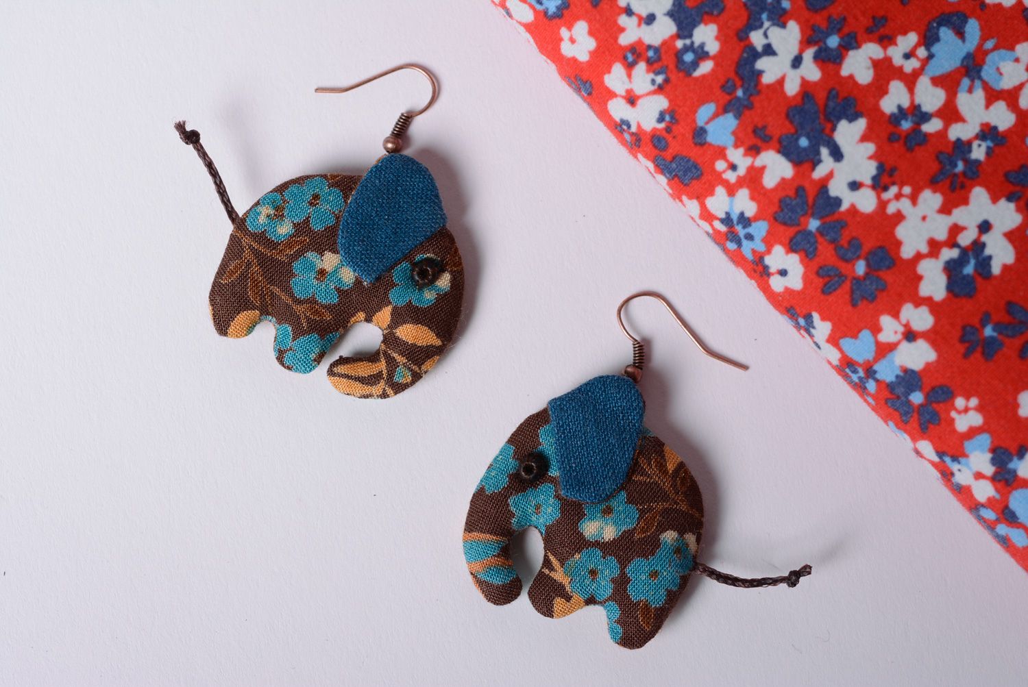 Handmade designer fabric dangle earrings in brown and blue colors elephants photo 1