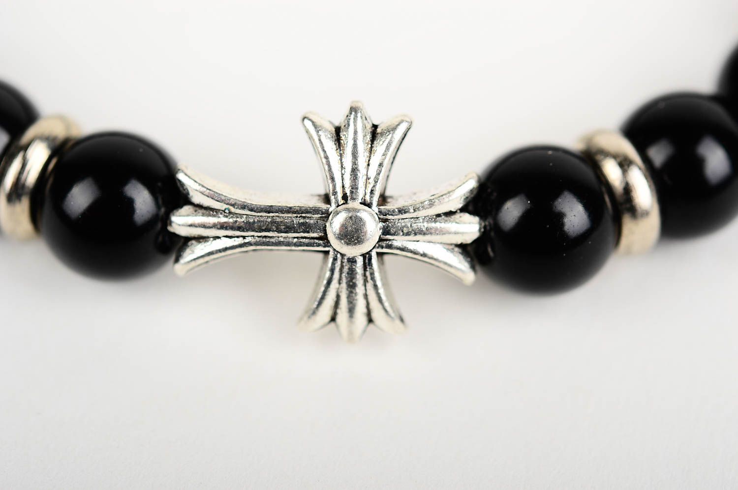 Metal cross and black beads unisex bracelet on an elastic string. Great gift for women photo 4