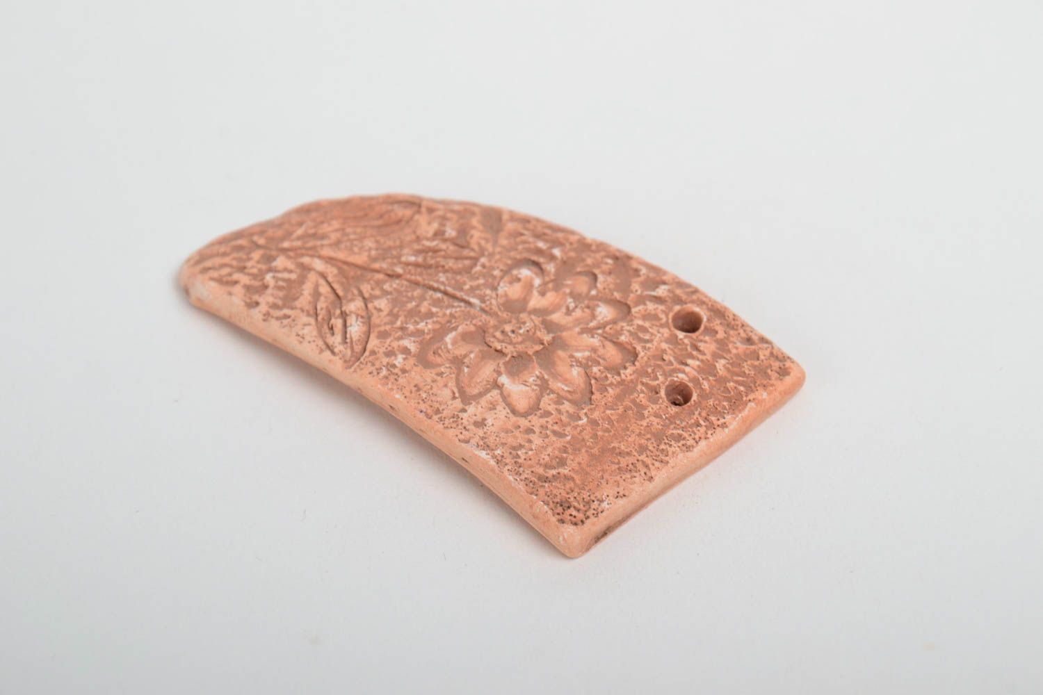 Handmade designer ceramic craft blank for jewelry making with embossed flower photo 4