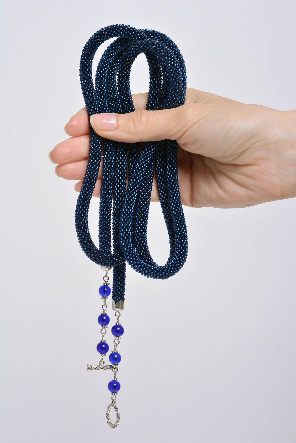 Handmade long laconic designer dark blue bead woven cord necklace for women photo 4