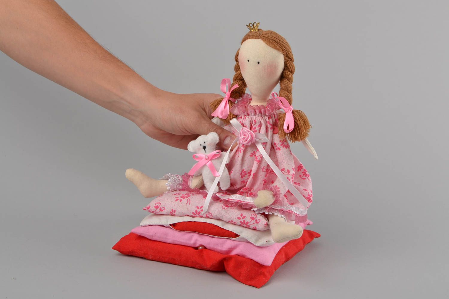 Designer fabric soft doll princess in pink sitting on pillows handmade photo 2