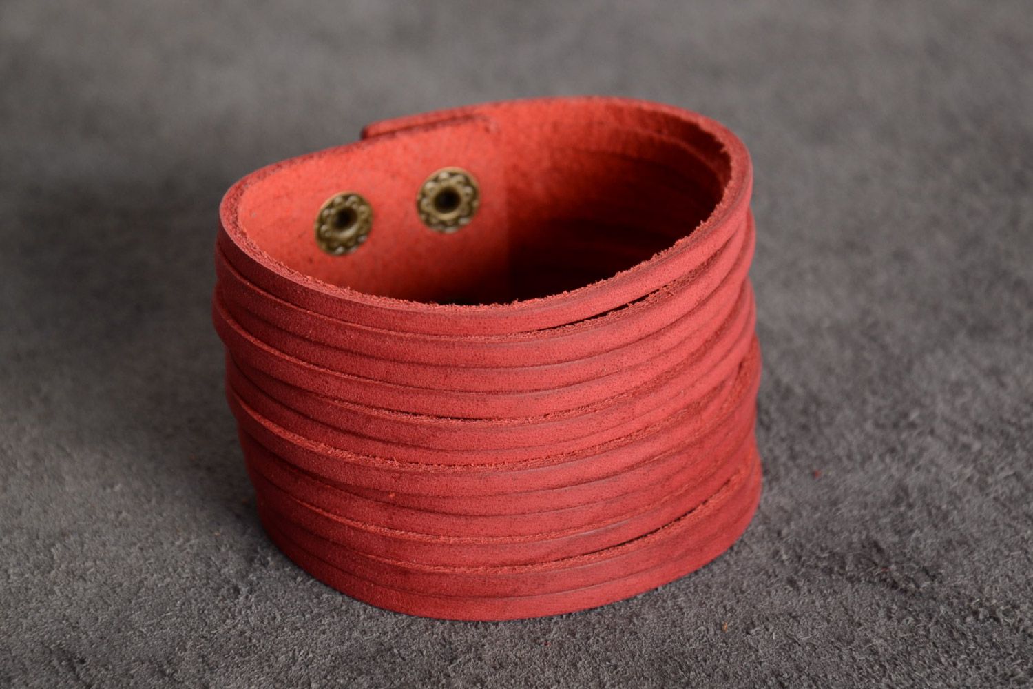 Handmade genuine leather wide wrist bracelet of red color 65 mm photo 1